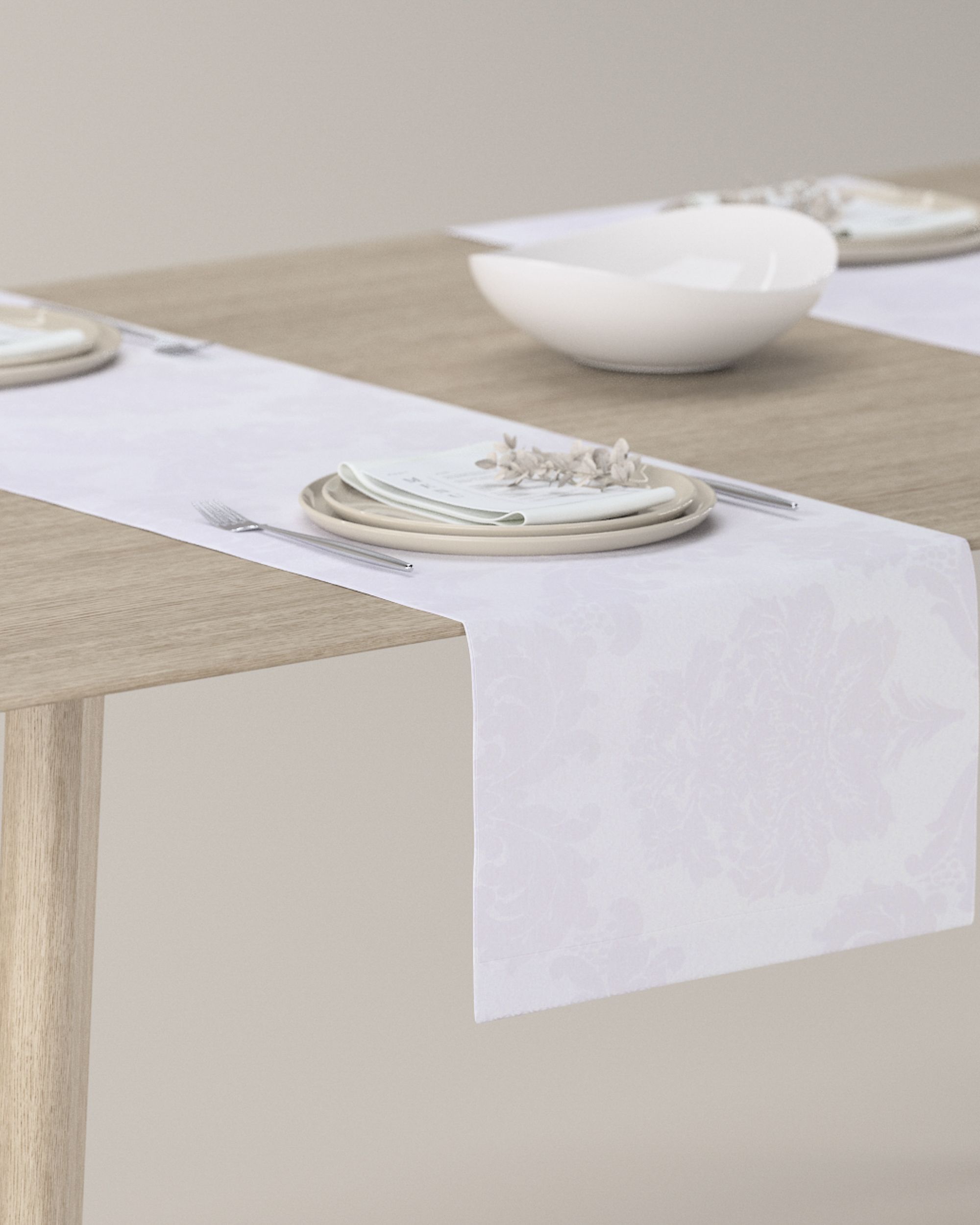 Table runner product colour white fabric gloss, structured, patterned