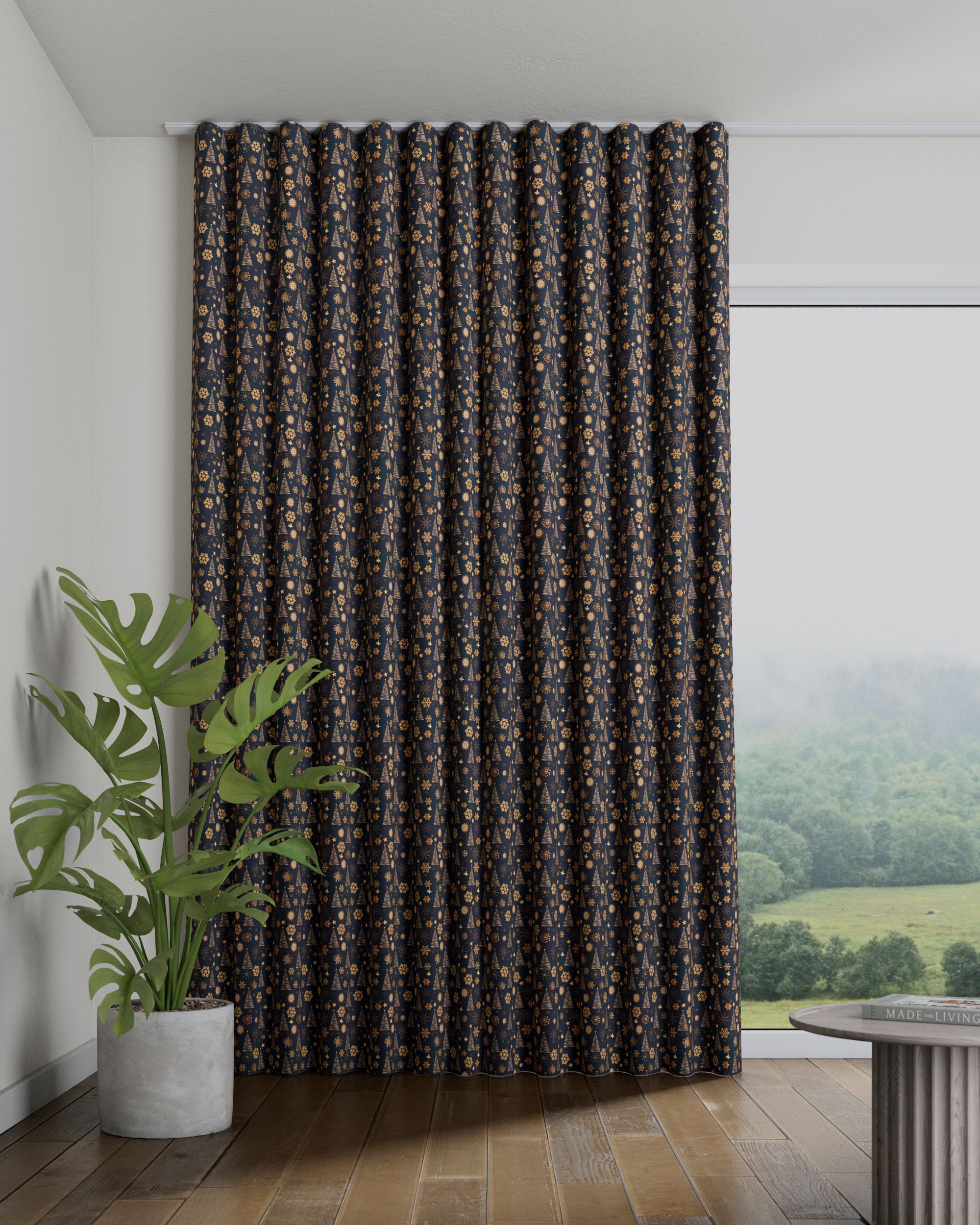 Wave Curtain product colour navy blue fabric patterned