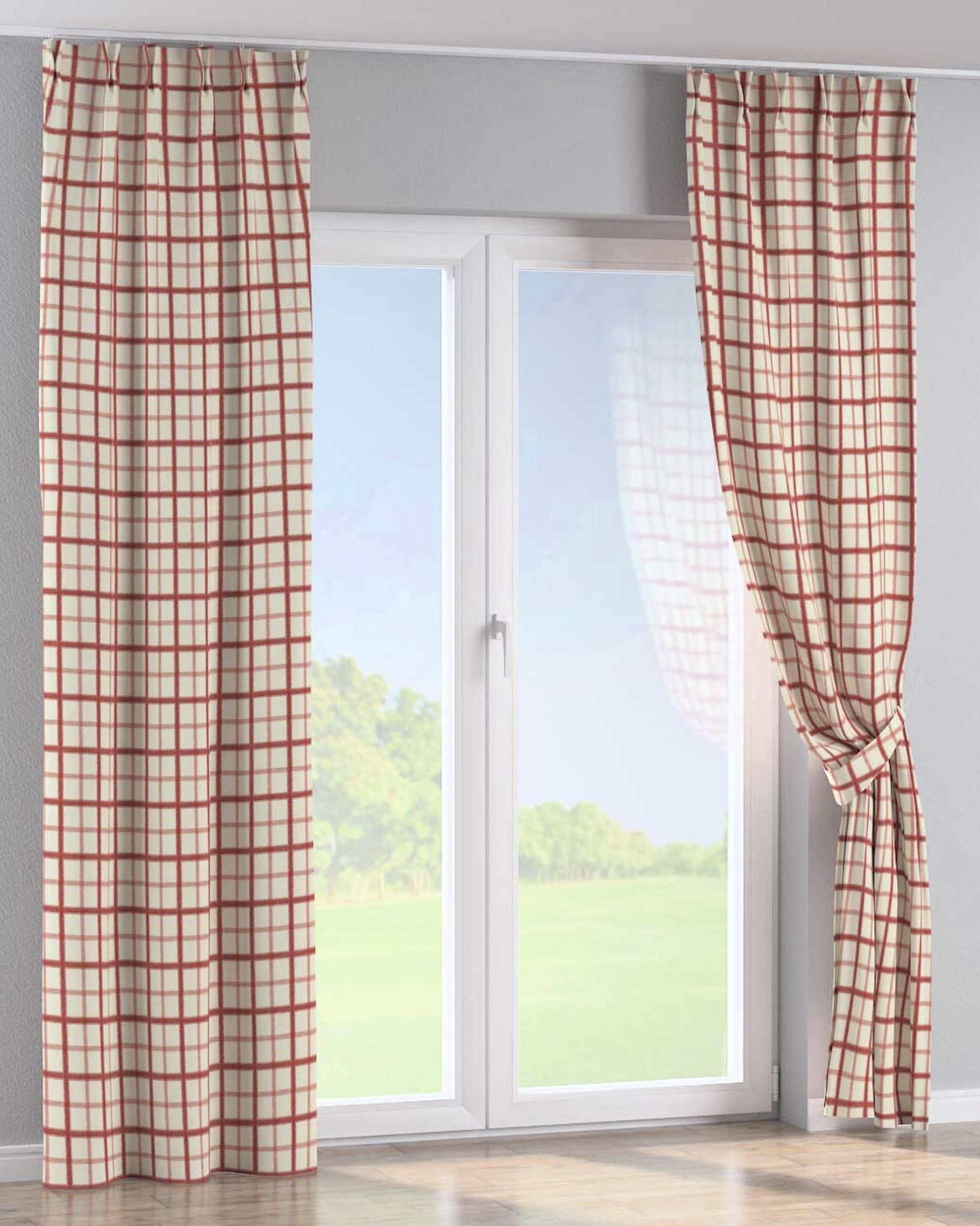 Double pinch pleat curtain product colour red fabric patterned (hover)