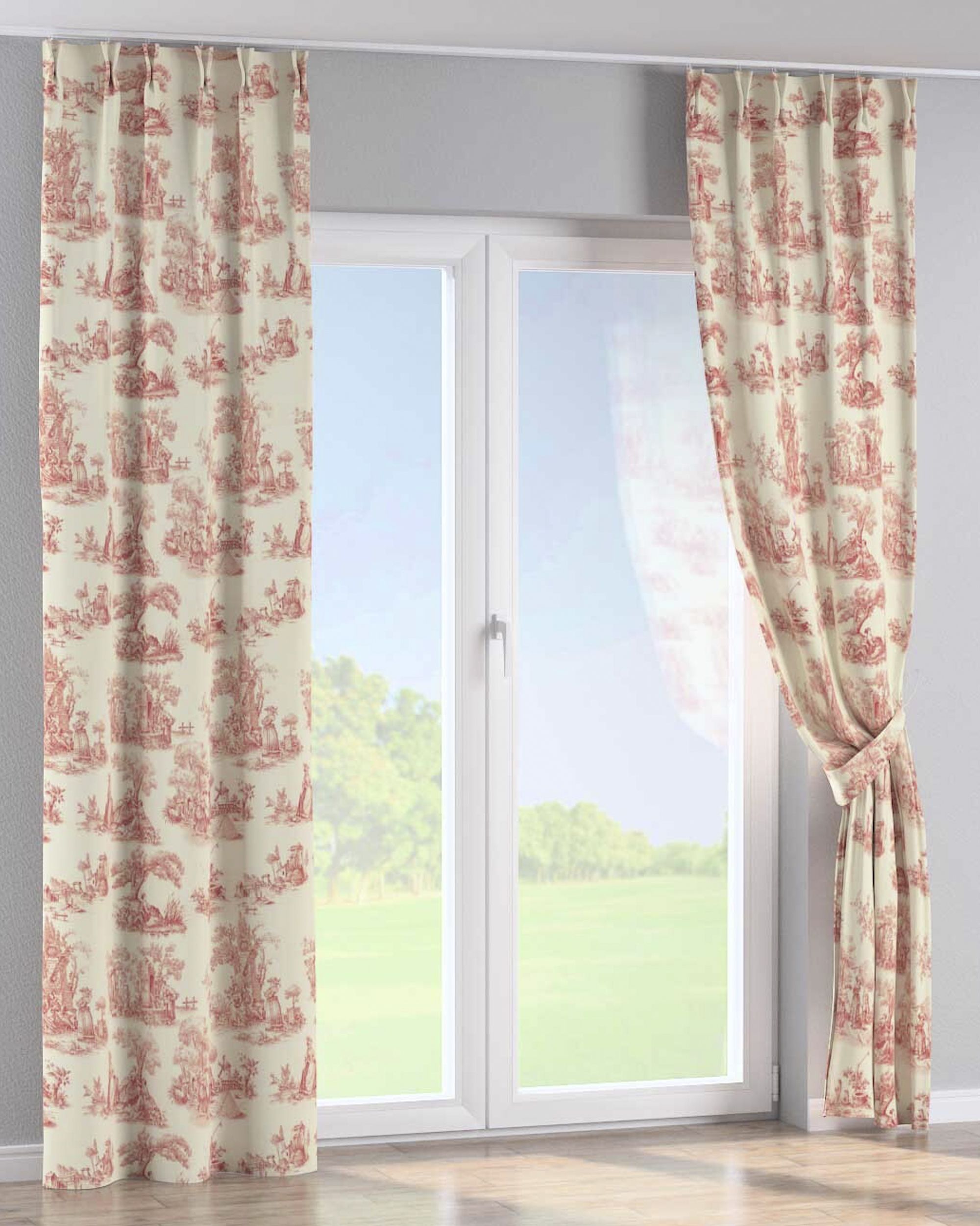 Double pinch pleat curtain product colour red fabric patterned (hover)