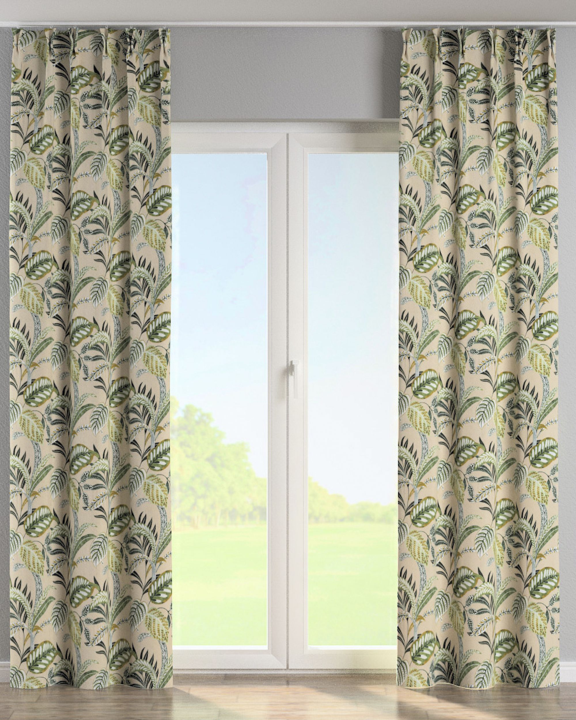 Double pinch pleat curtain product colour green fabric patterned