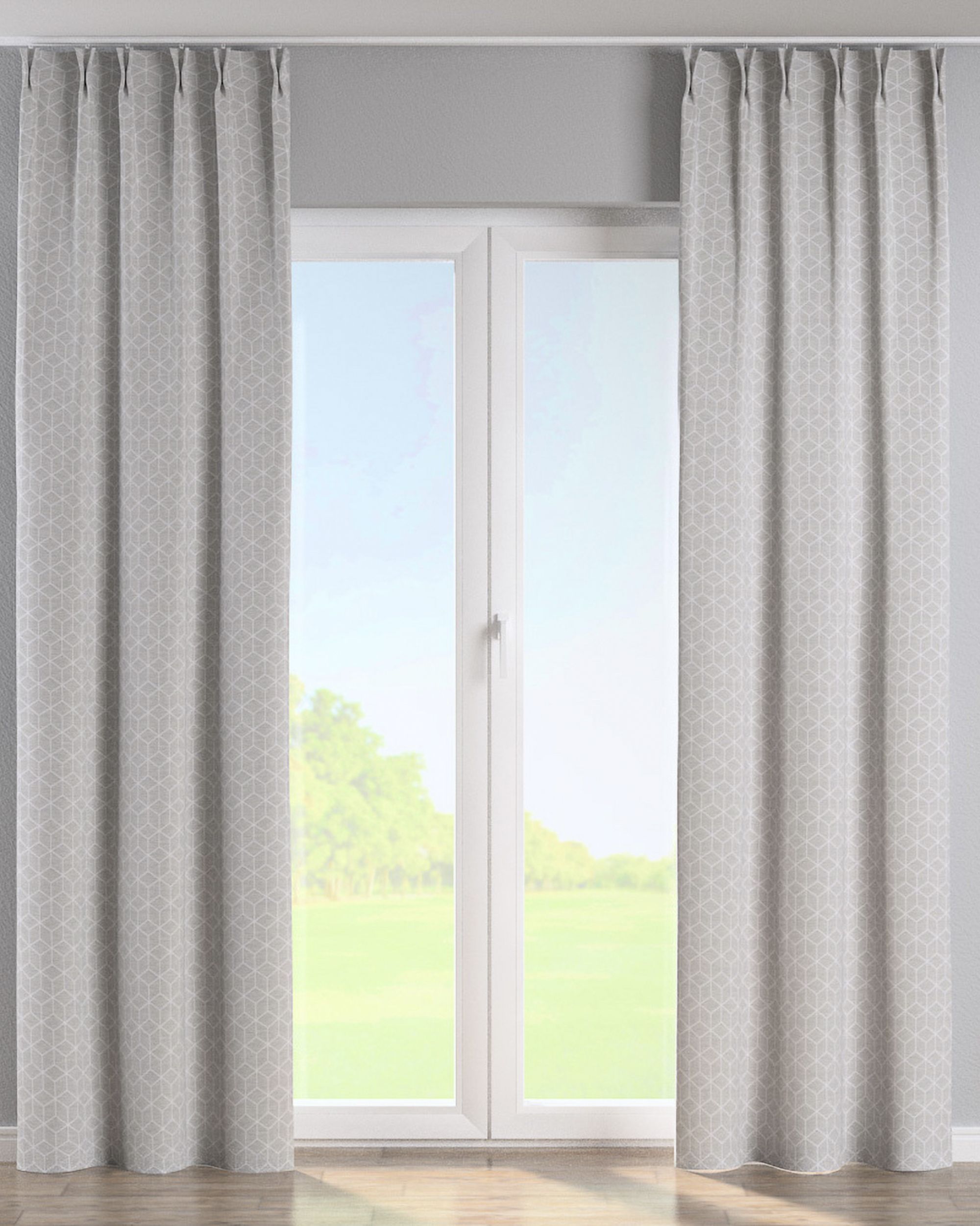 Double pinch pleat curtain product colour grey fabric structured, patterned