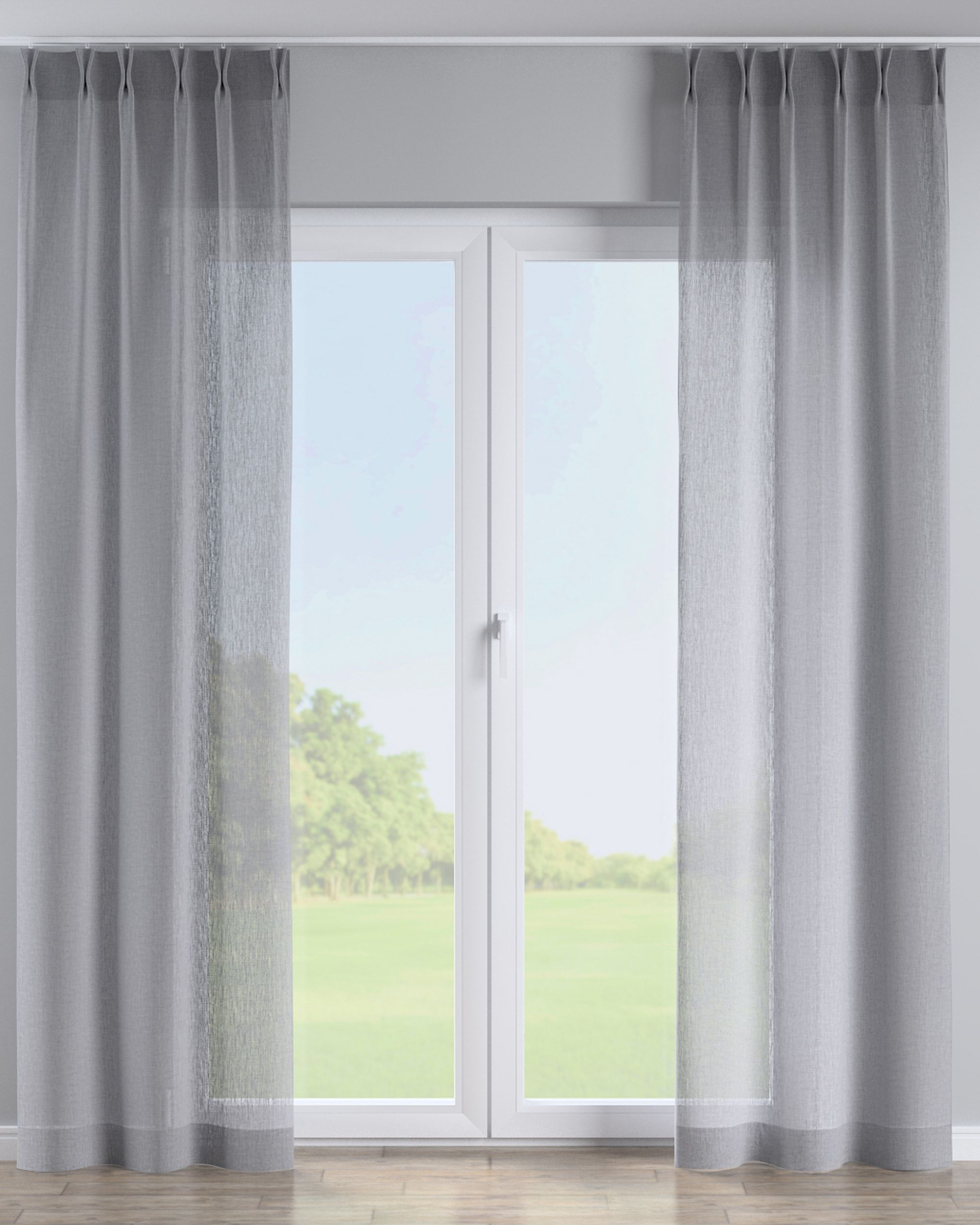Double pinch pleat curtain product colour grey fabric semi-sheer, structured