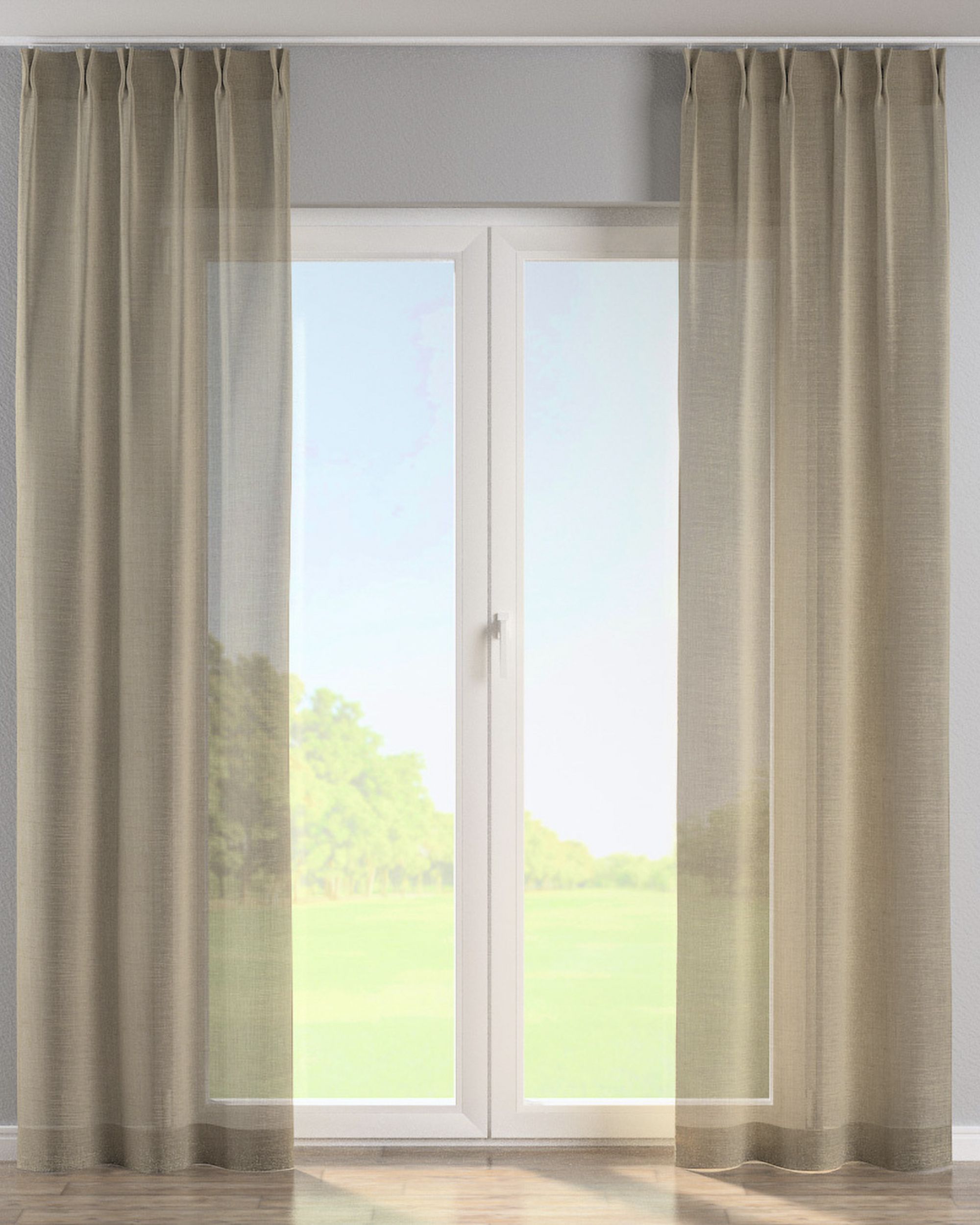 Double pinch pleat curtain product colour beige fabric semi-sheer, gloss, structured