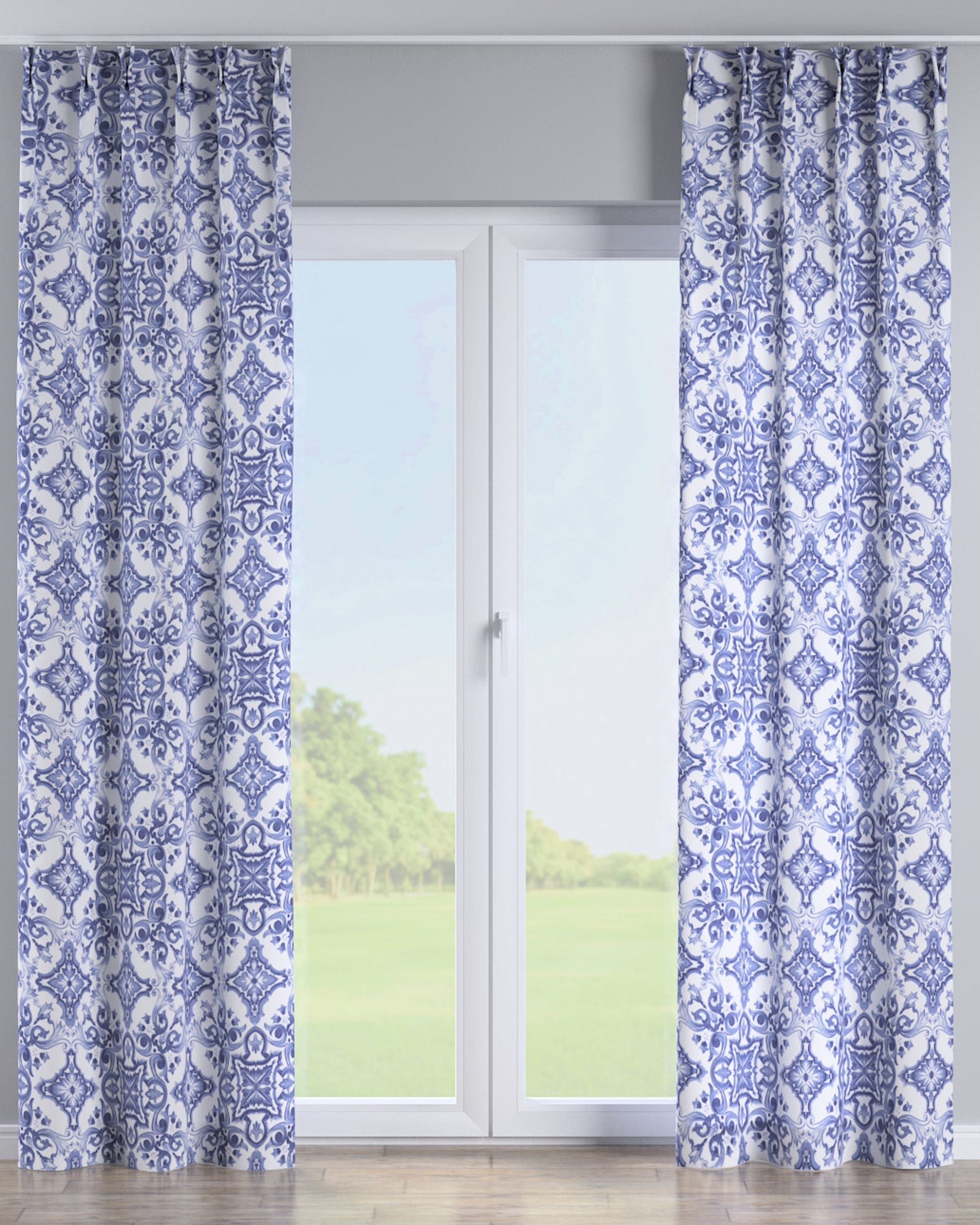 Double pinch pleat curtain product colour blue fabric patterned
