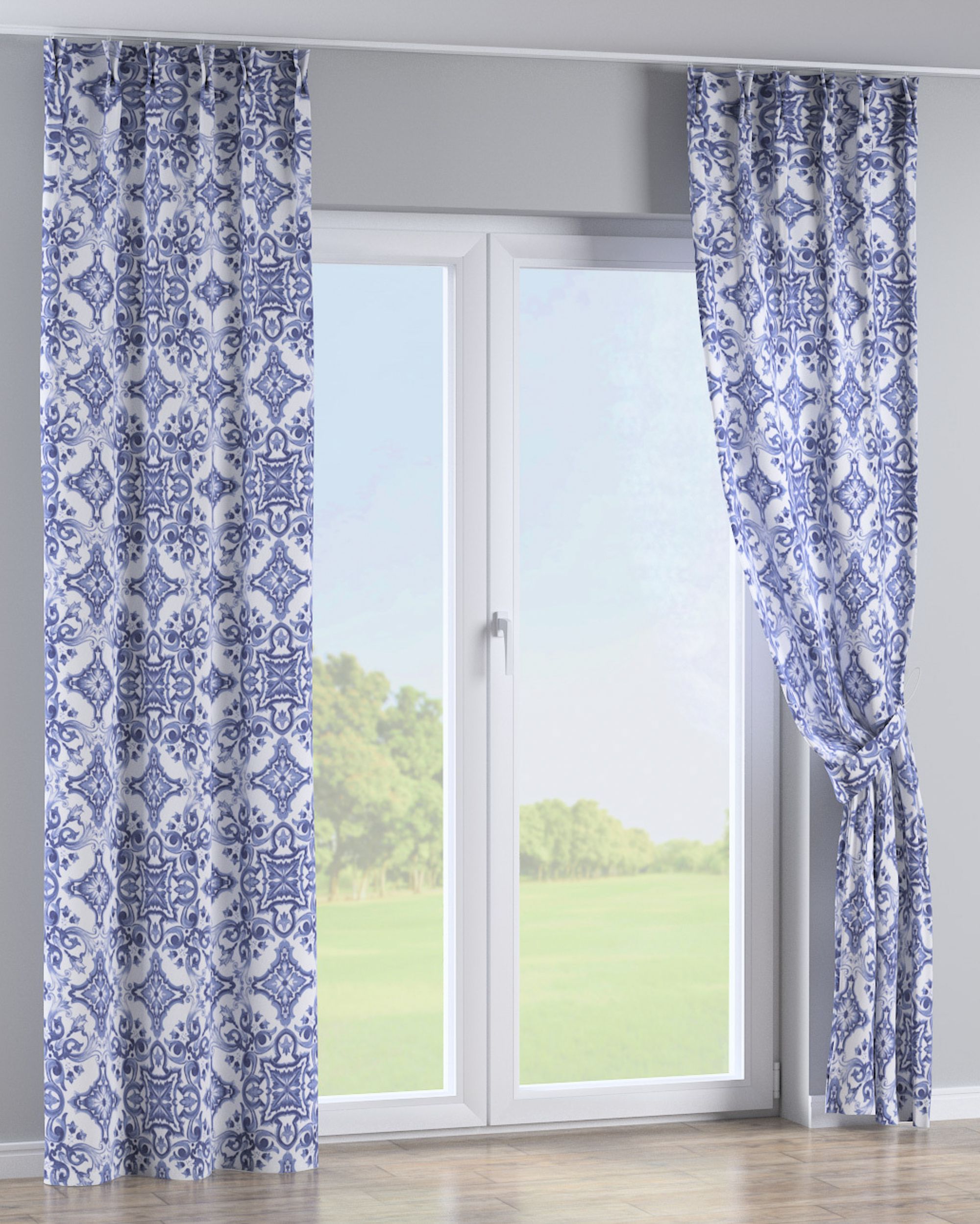 Double pinch pleat curtain product colour blue fabric patterned (hover)