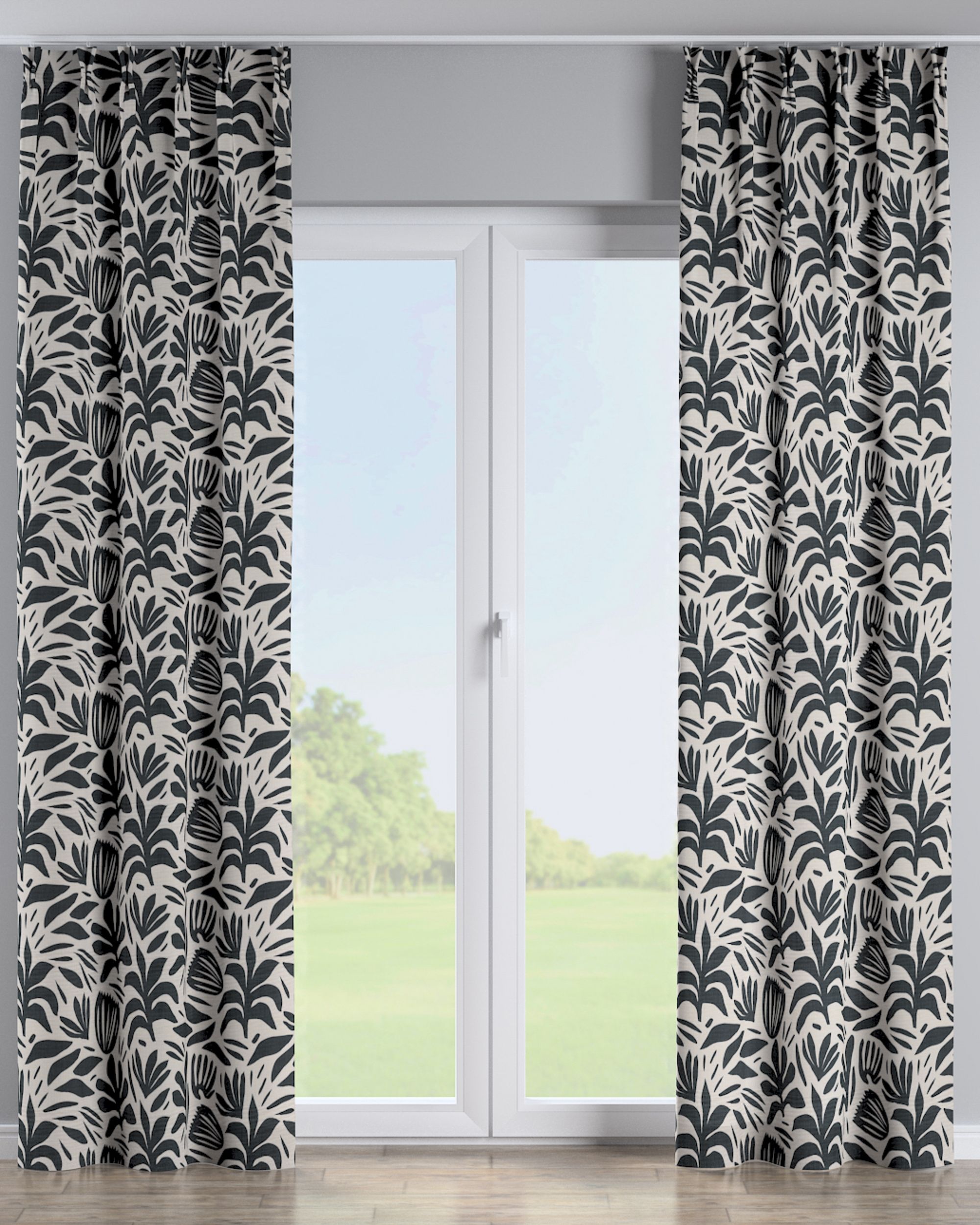 Double pinch pleat curtain product colour black fabric structured, patterned
