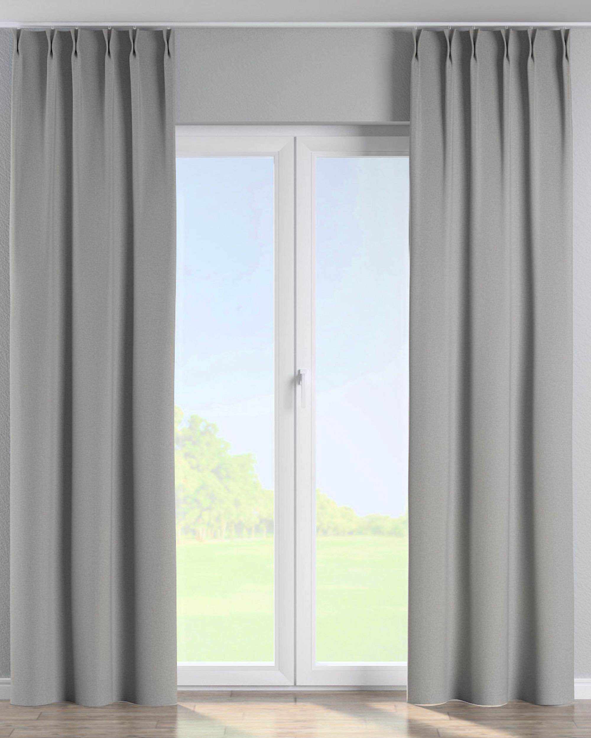 Double pinch pleat curtain product colour grey fabric structured, blackout