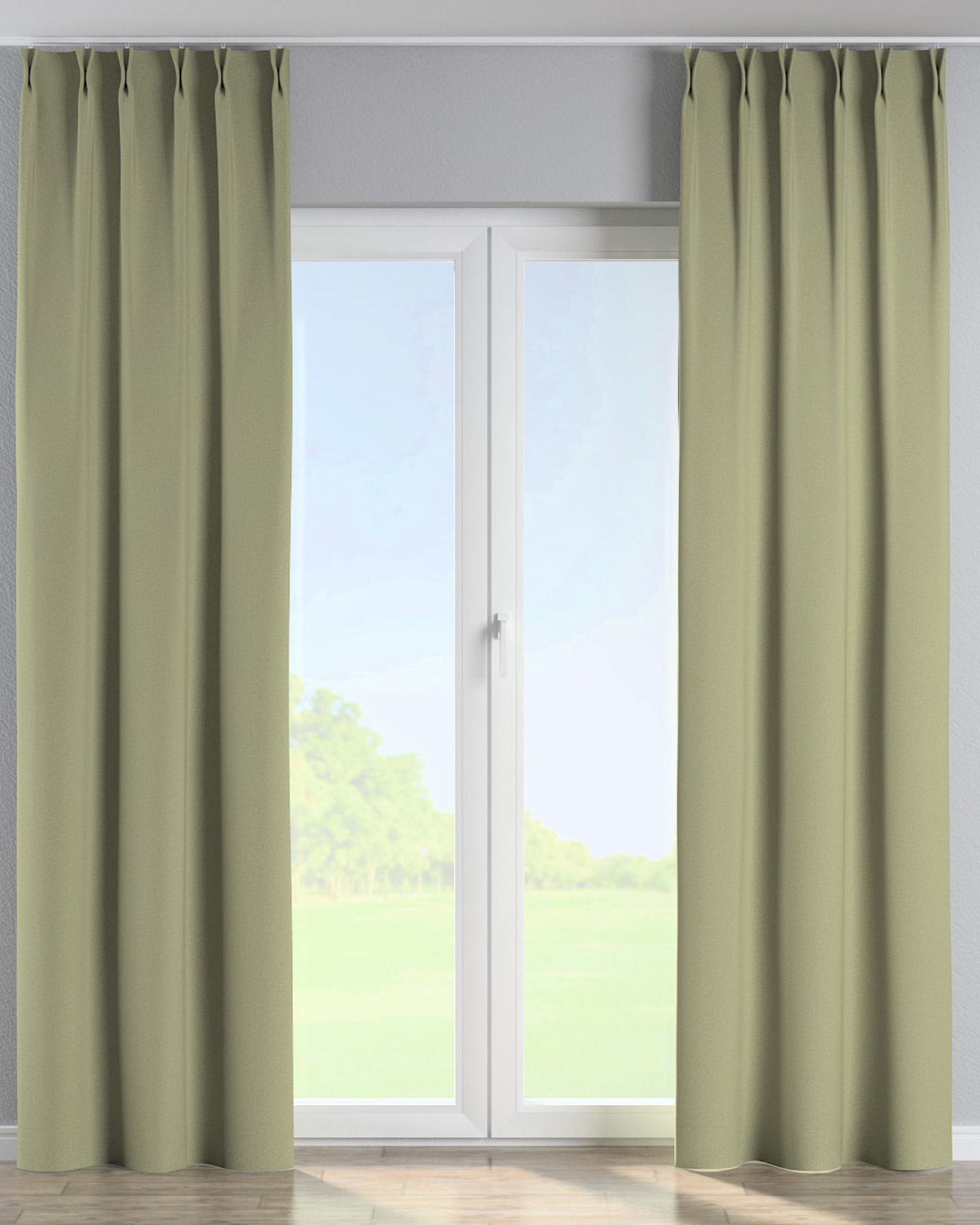 Double pinch pleat curtain product colour green fabric structured, blackout