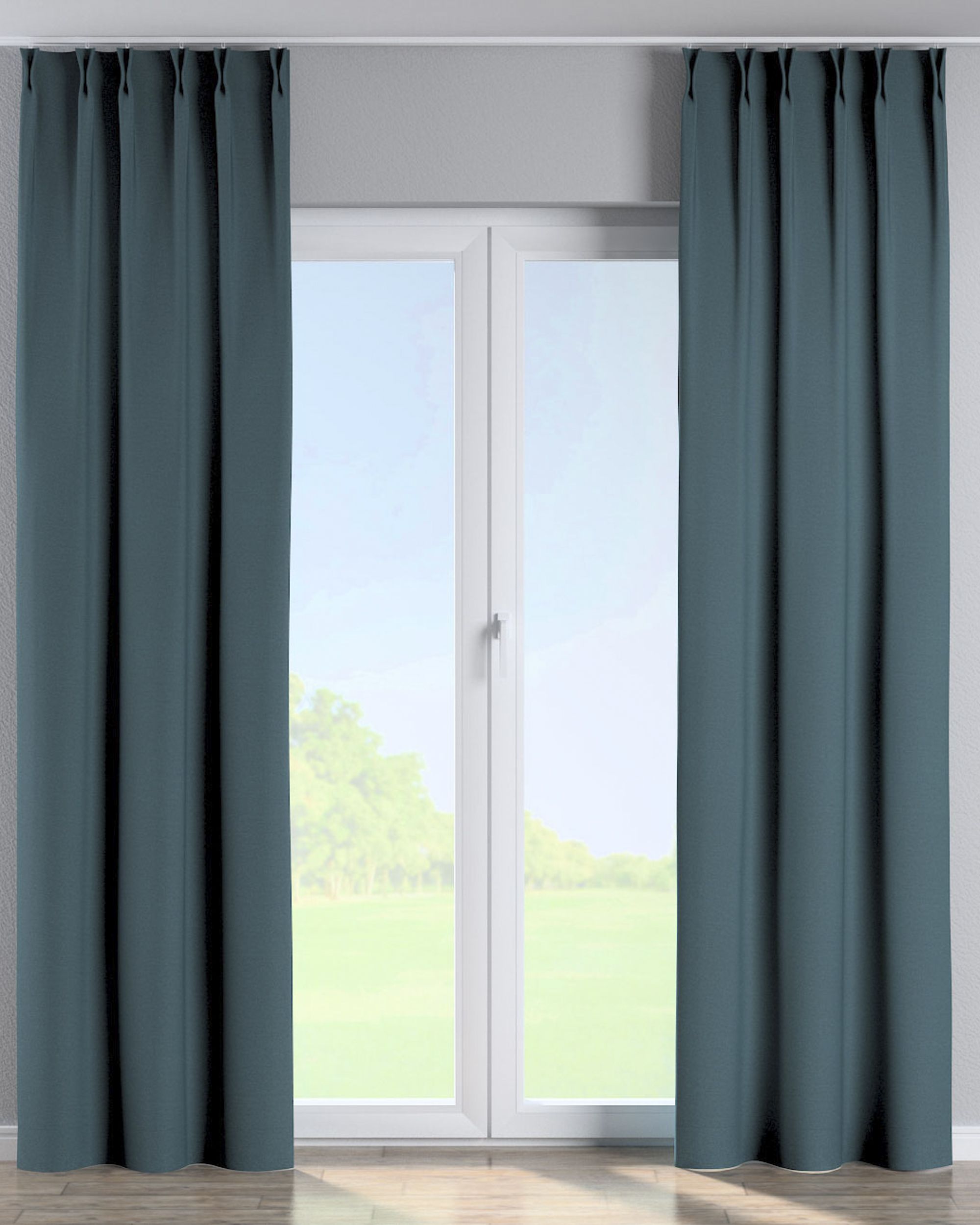 Double pinch pleat curtain product colour blue fabric structured, blackout
