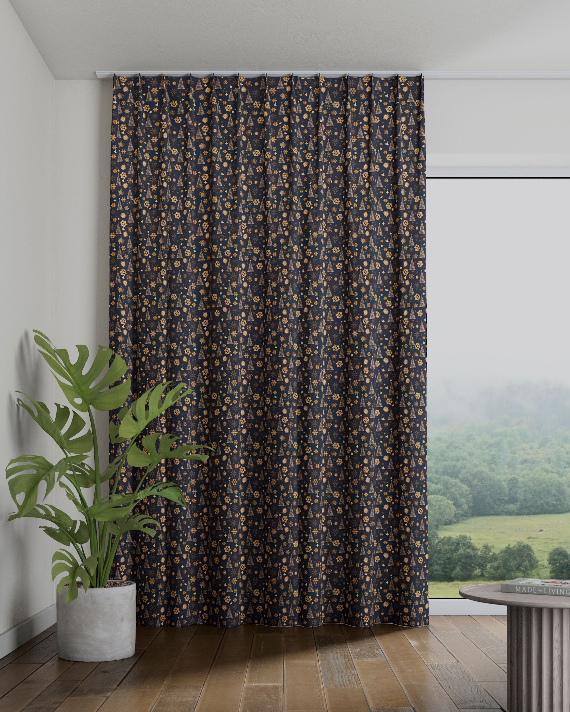 Double pinch pleat curtain product colour navy blue fabric patterned