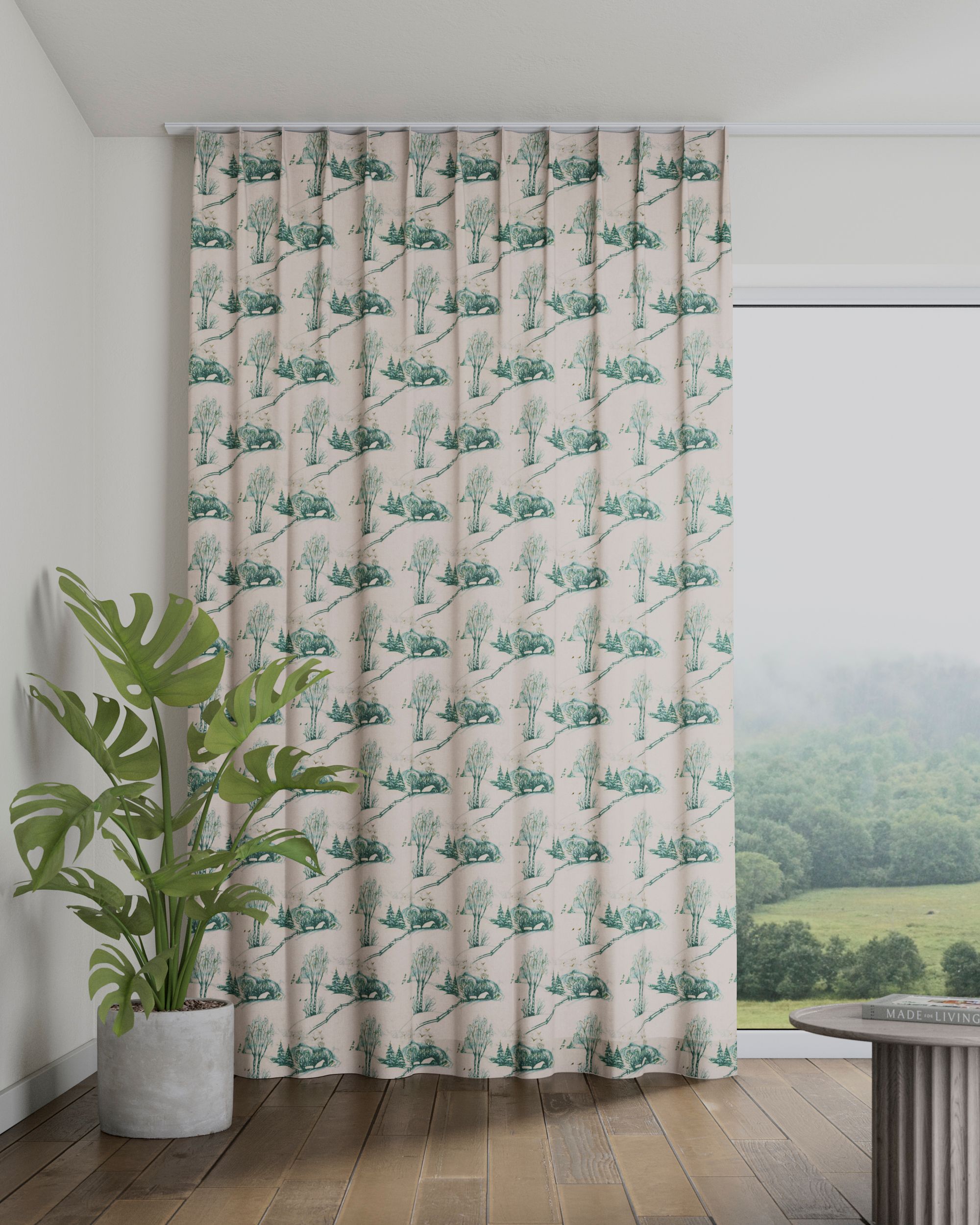 Double pinch pleat curtain product colour white fabric patterned
