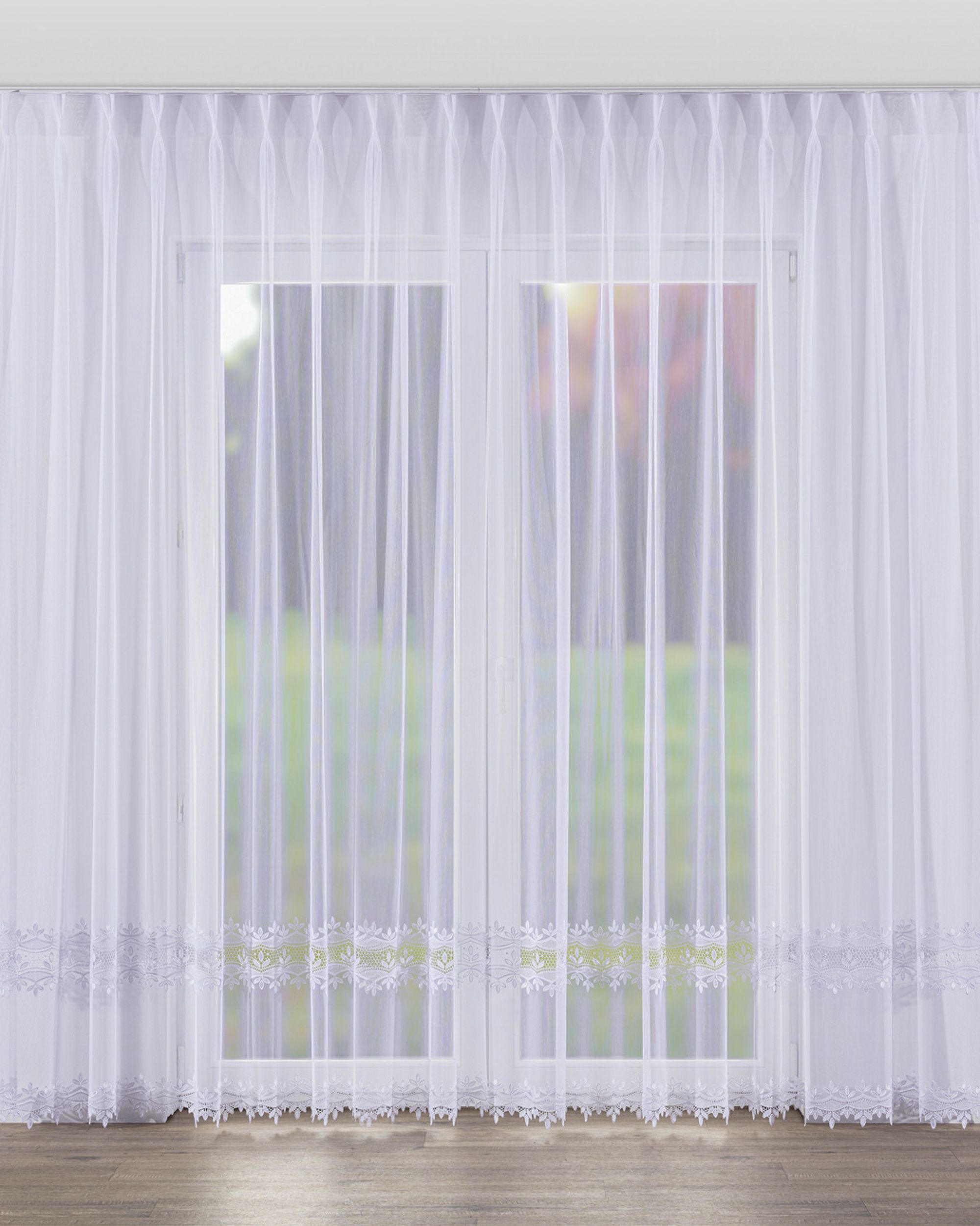 Net curtain with double pinch pleat product colour white fabric semi-sheer, structured, patterned