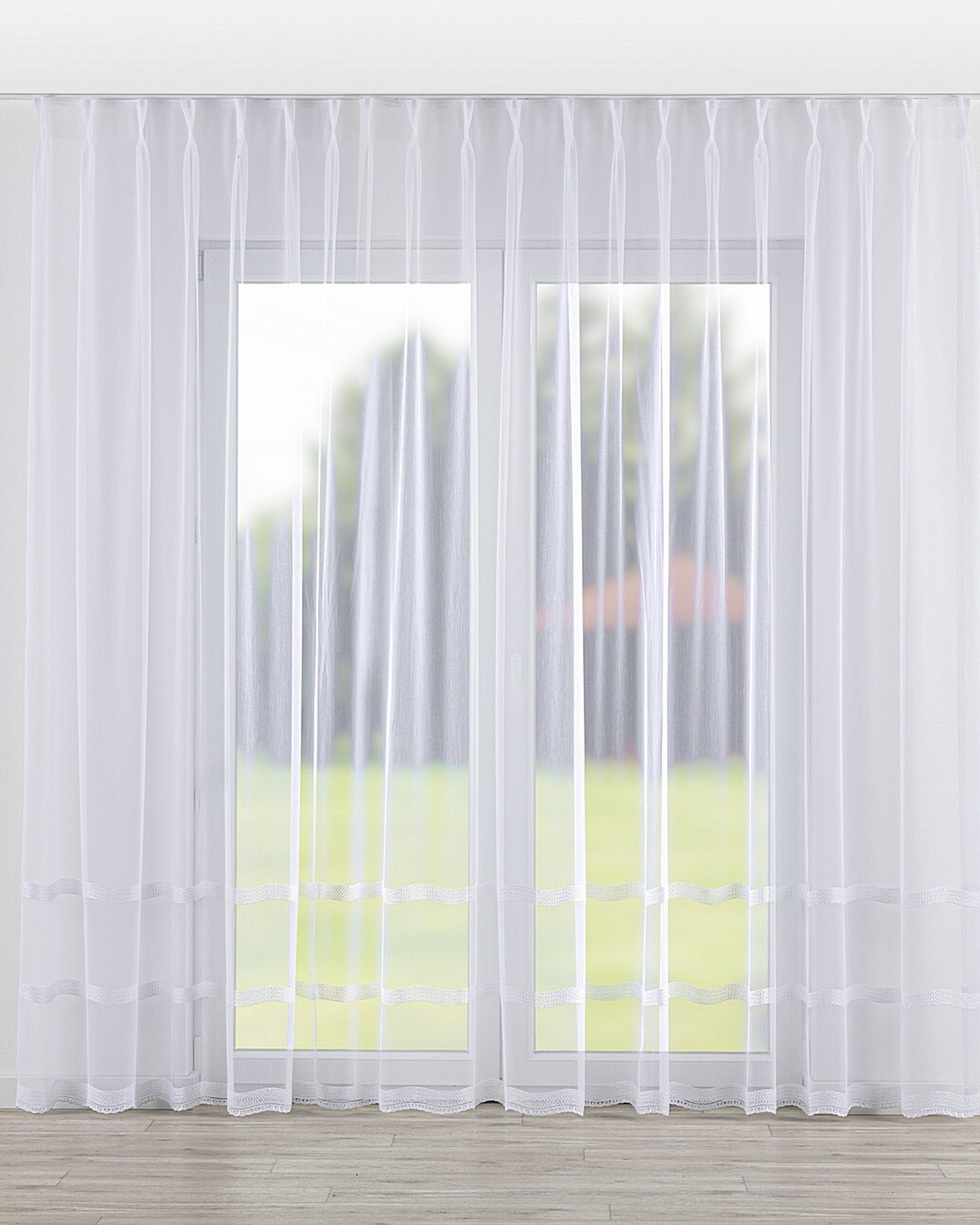 Net curtain with double pinch pleat product colour white fabric semi-sheer, structured, patterned