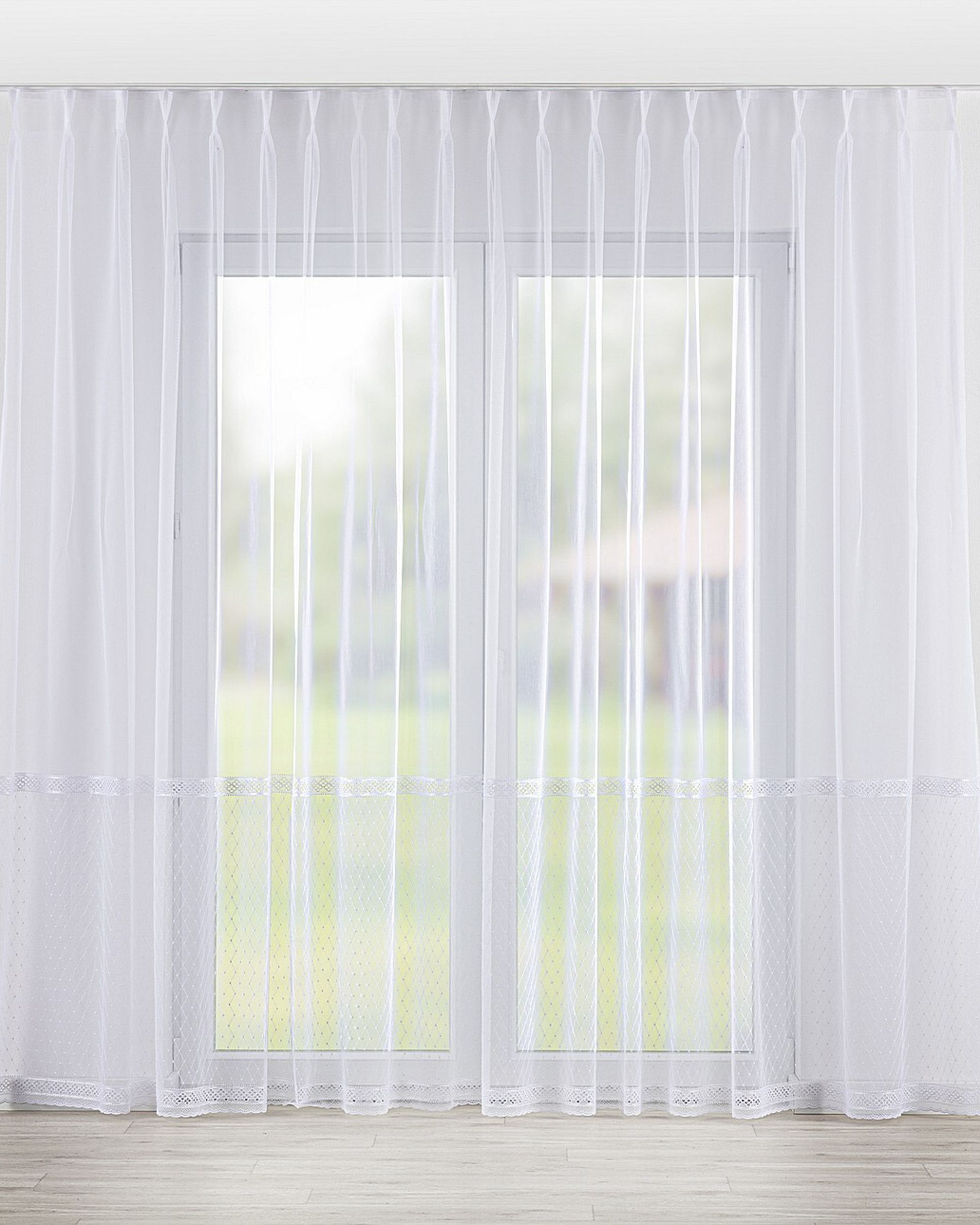 Net curtain with double pinch pleat product colour white fabric semi-sheer, structured, patterned