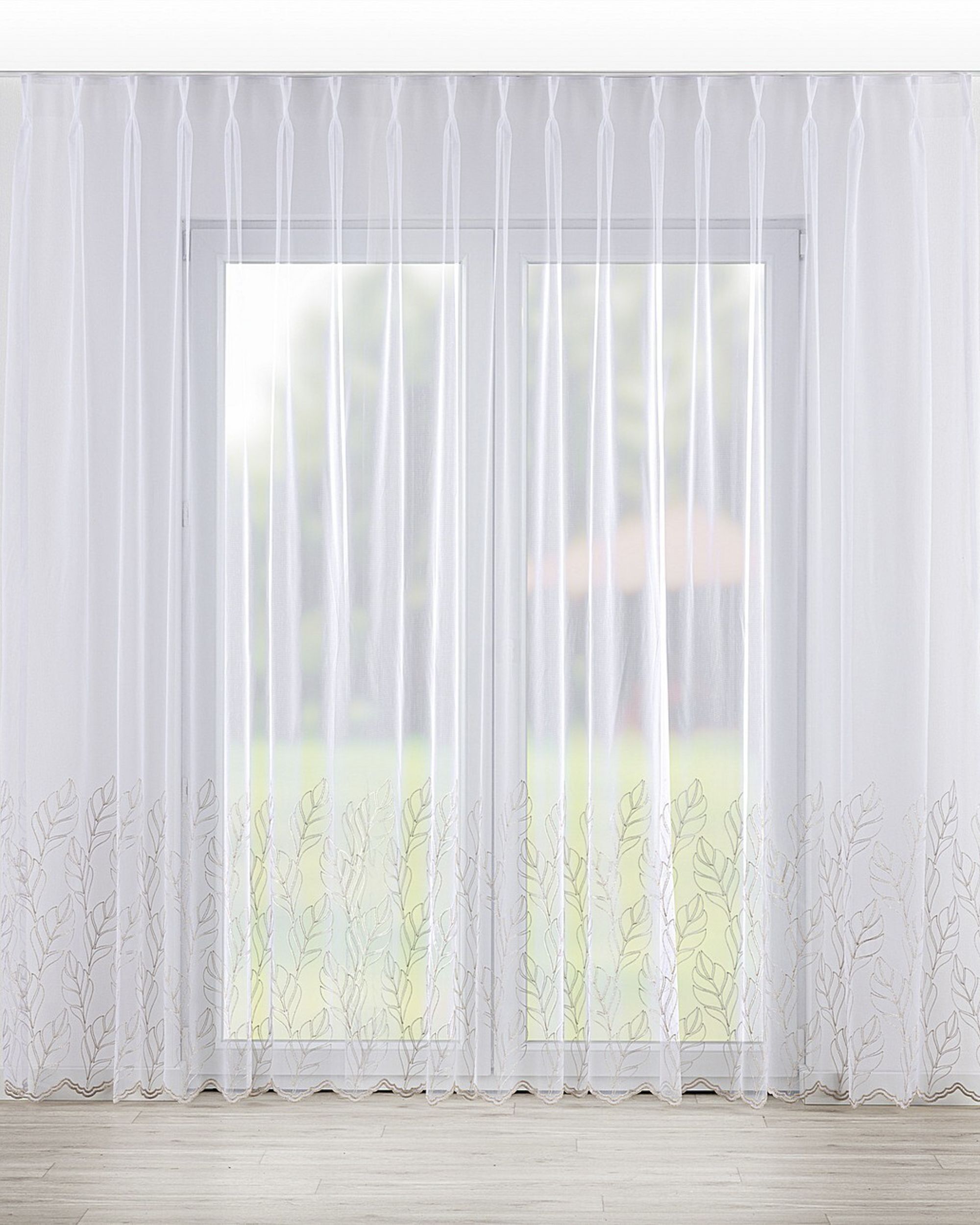 Net curtain with double pinch pleat product colour white fabric semi-sheer, structured, patterned