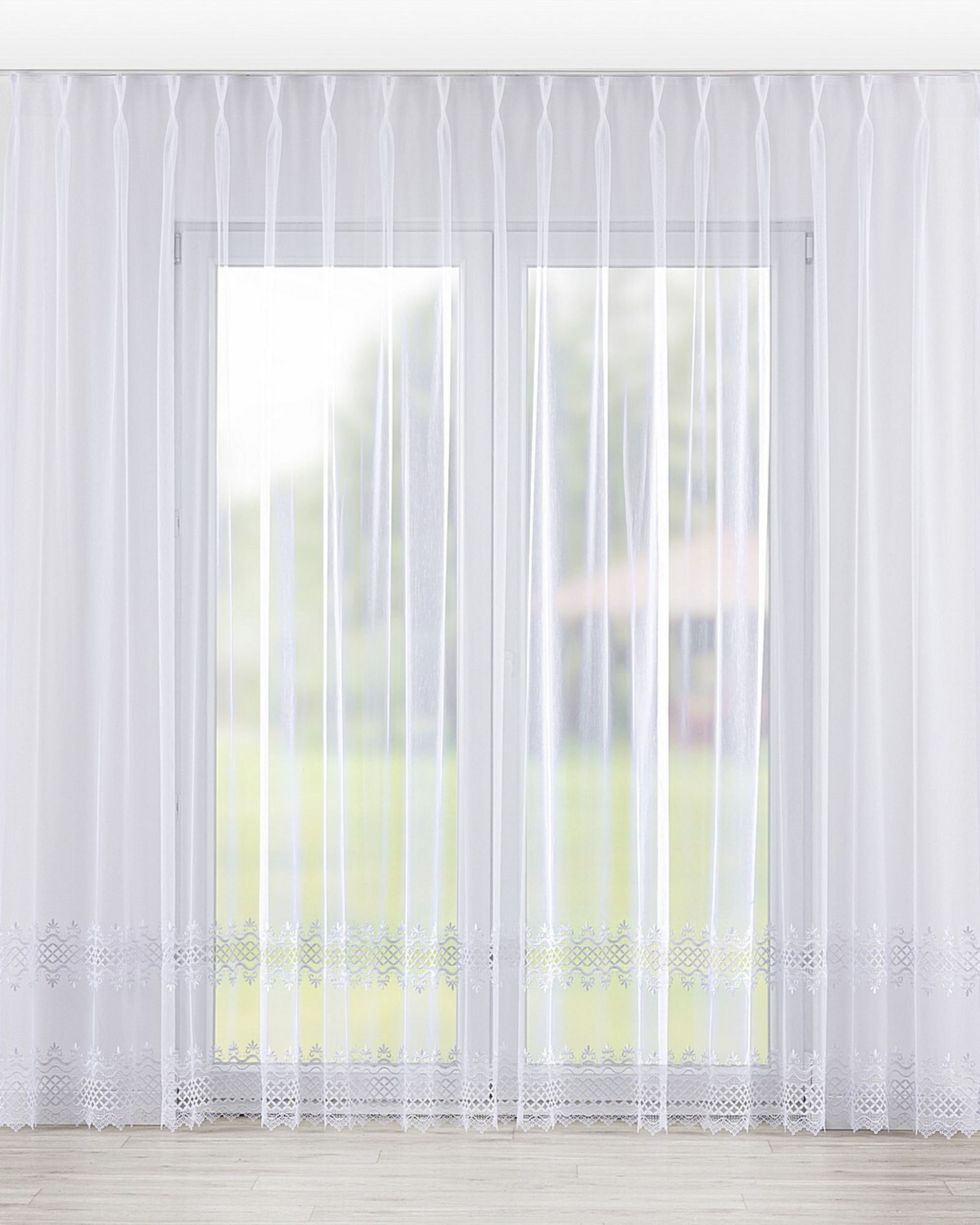 Net curtain with double pinch pleat product colour white fabric semi-sheer, structured, patterned