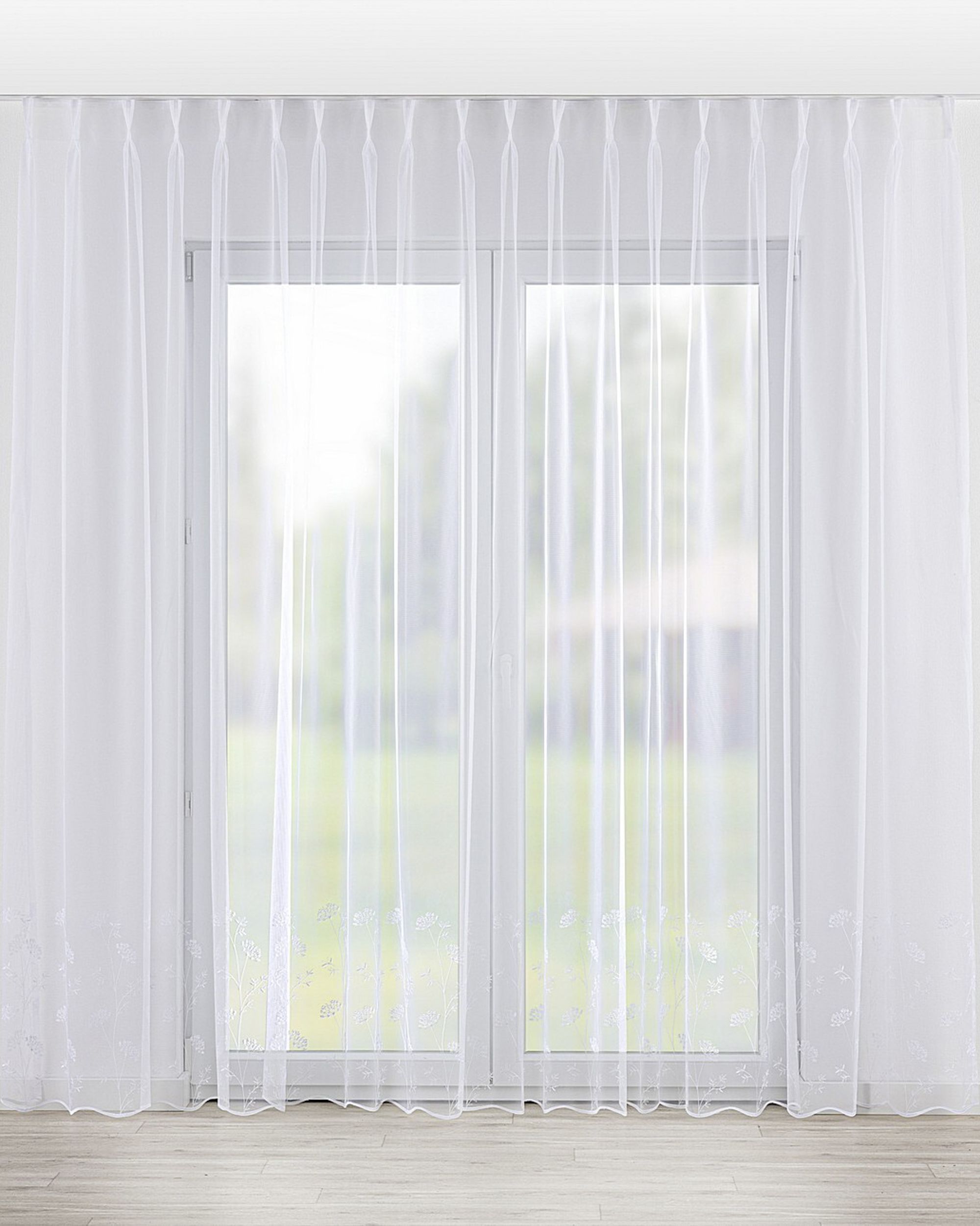 Net curtain with double pinch pleat product colour white fabric semi-sheer, structured, patterned
