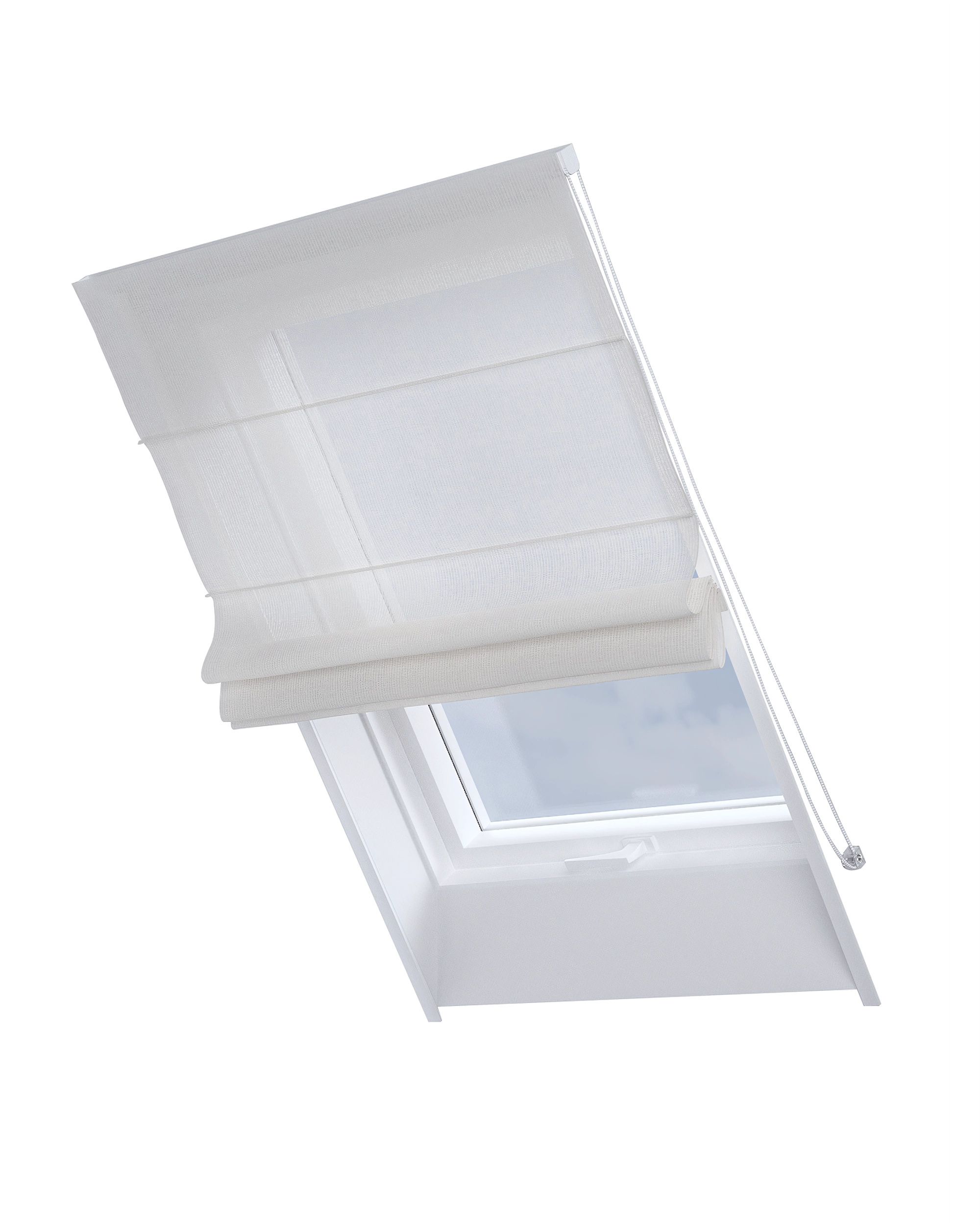Roman blind for roof window Rimini product colour cream fabric semi-sheer, structured, patterned