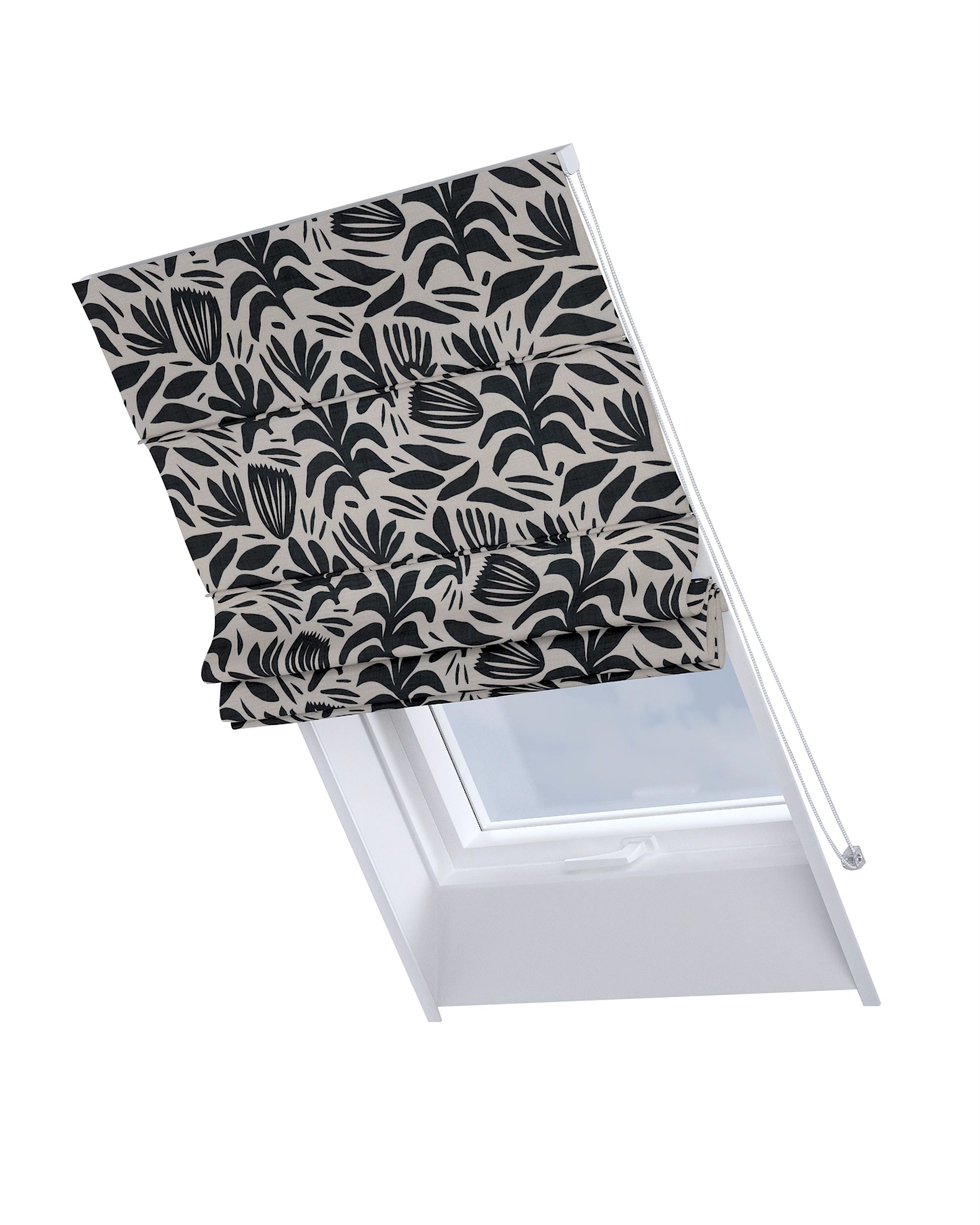 Roman blind for roof window Rimini product colour black fabric structured, patterned