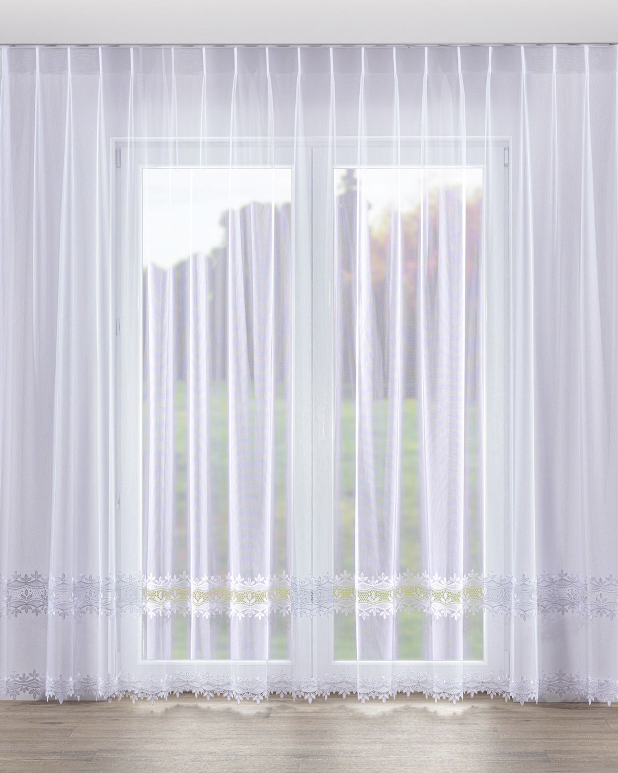 Net curtain with single pinch pleat product colour white fabric semi-sheer, structured, patterned