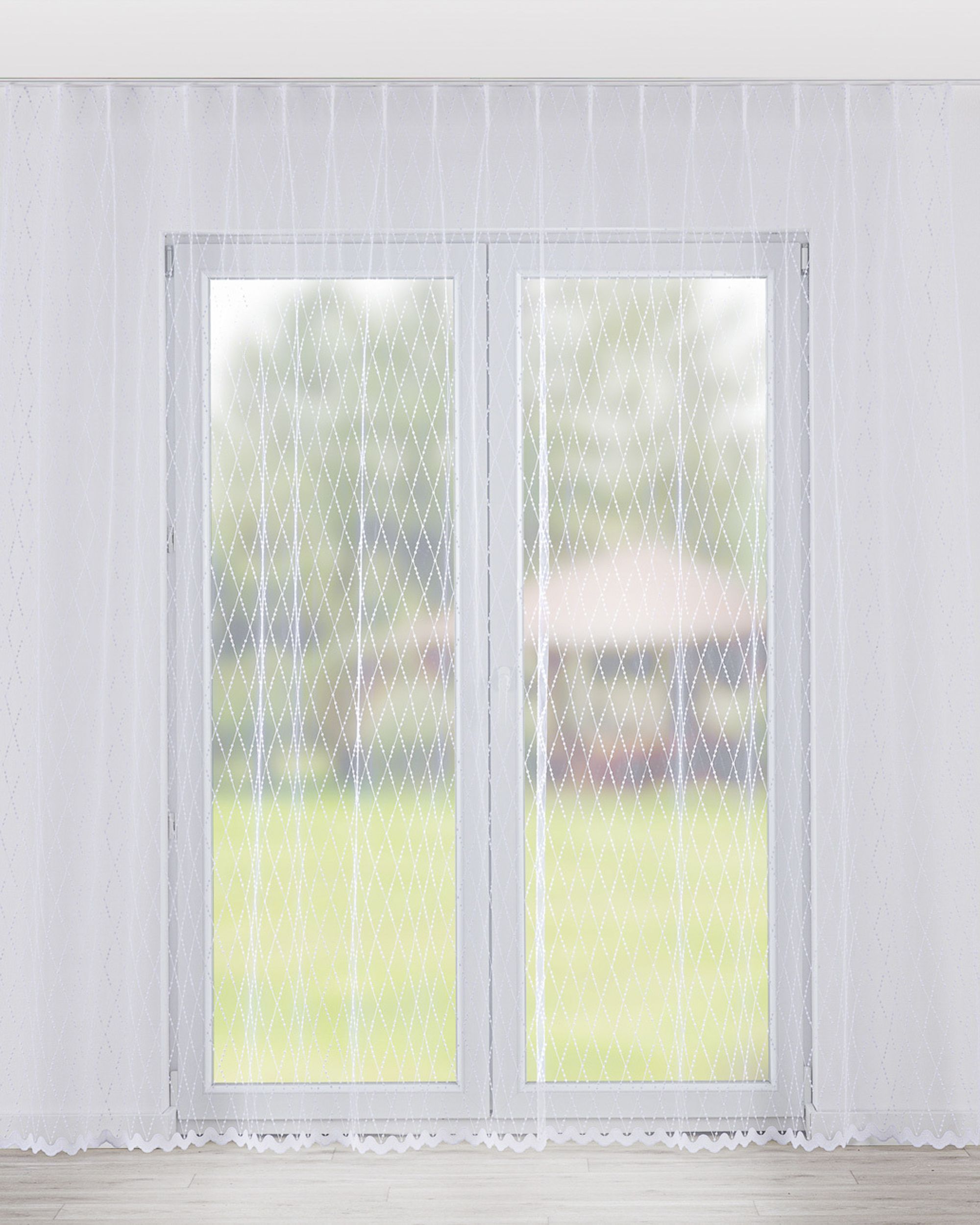 Net curtain with single pinch pleat product colour white fabric semi-sheer, structured, patterned