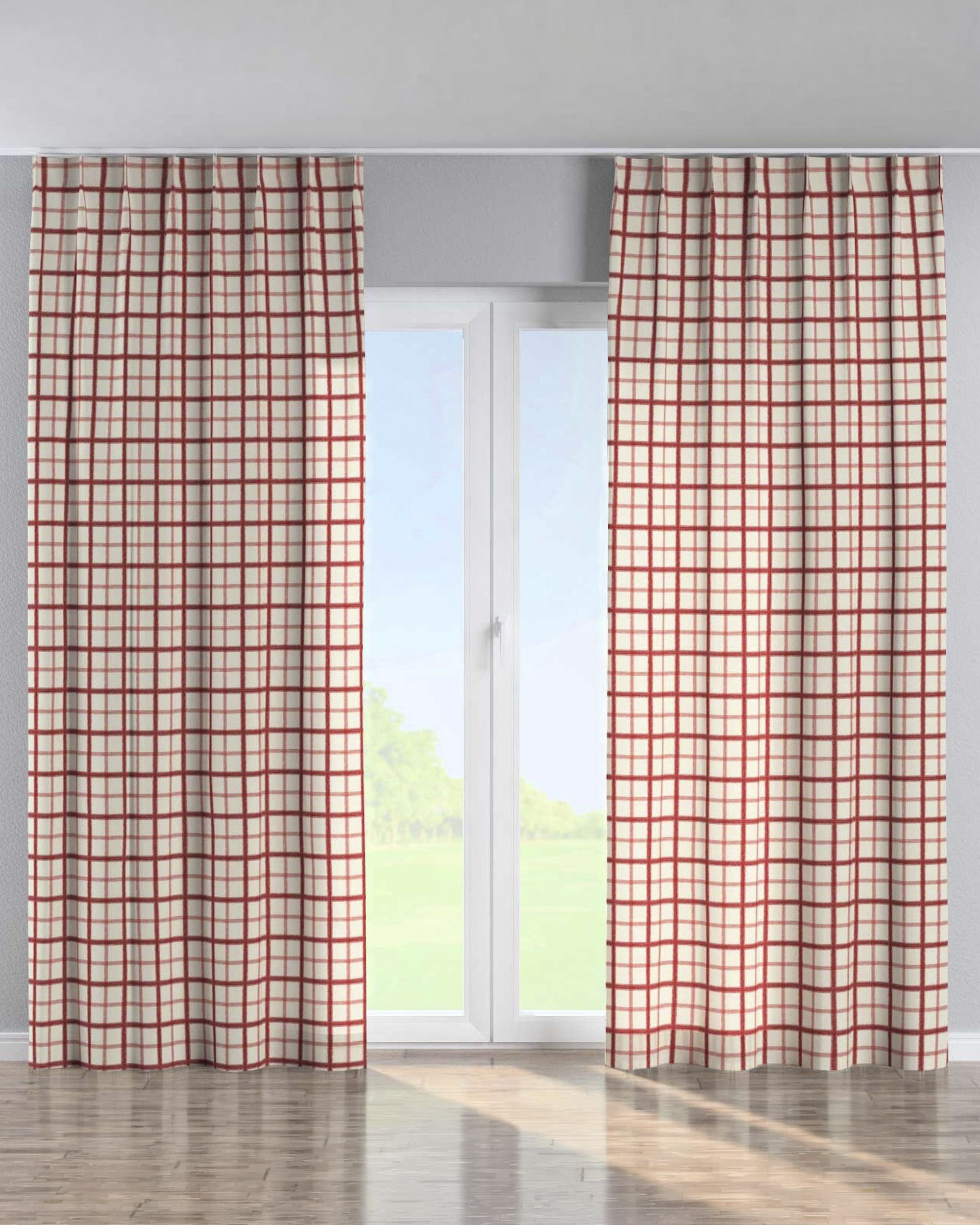 Single pinch pleat curtain product colour red fabric patterned