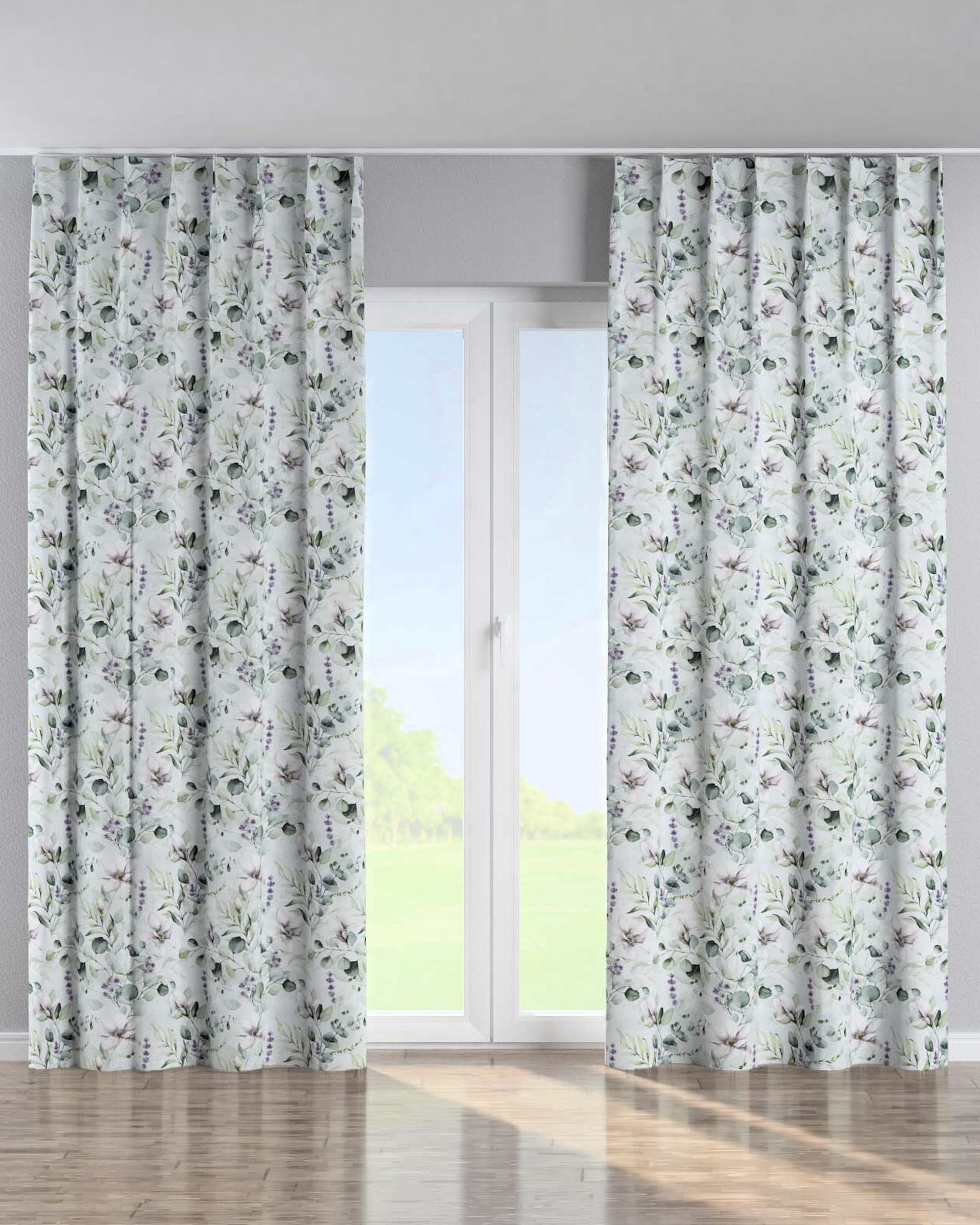 Single pinch pleat curtain product colour green fabric patterned