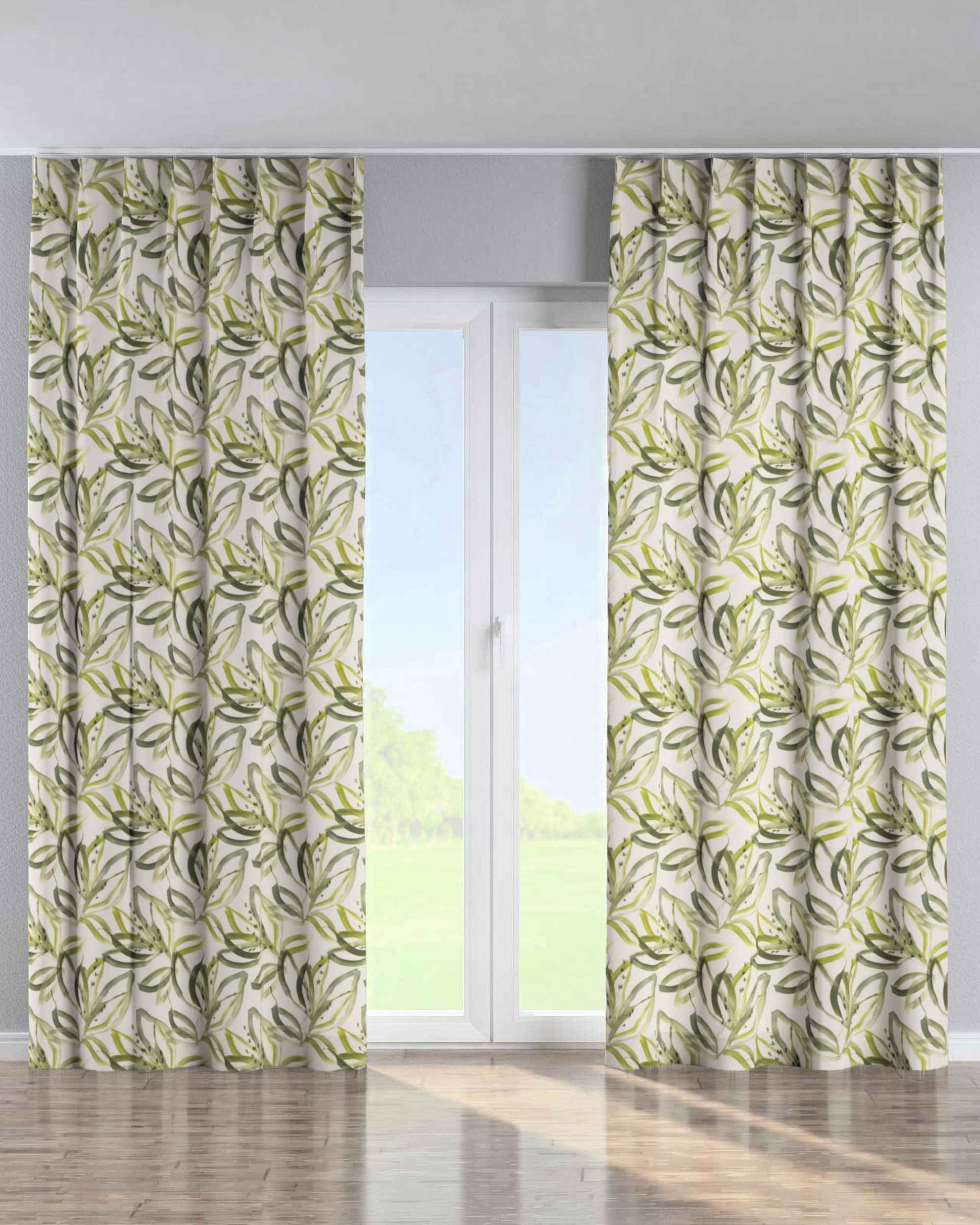 Single pinch pleat curtain product colour green fabric patterned