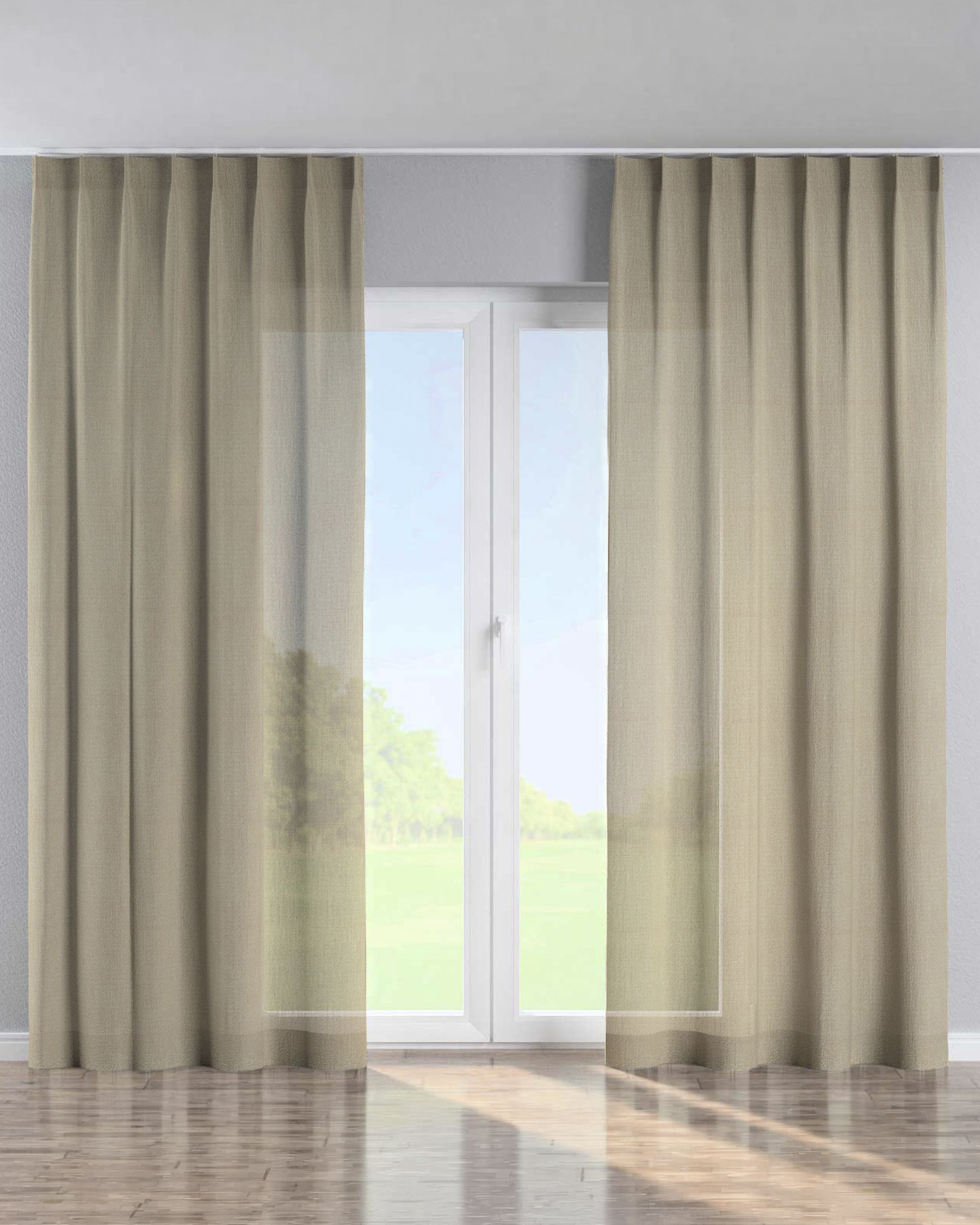 Single pinch pleat curtain product colour beige fabric semi-sheer, gloss, structured