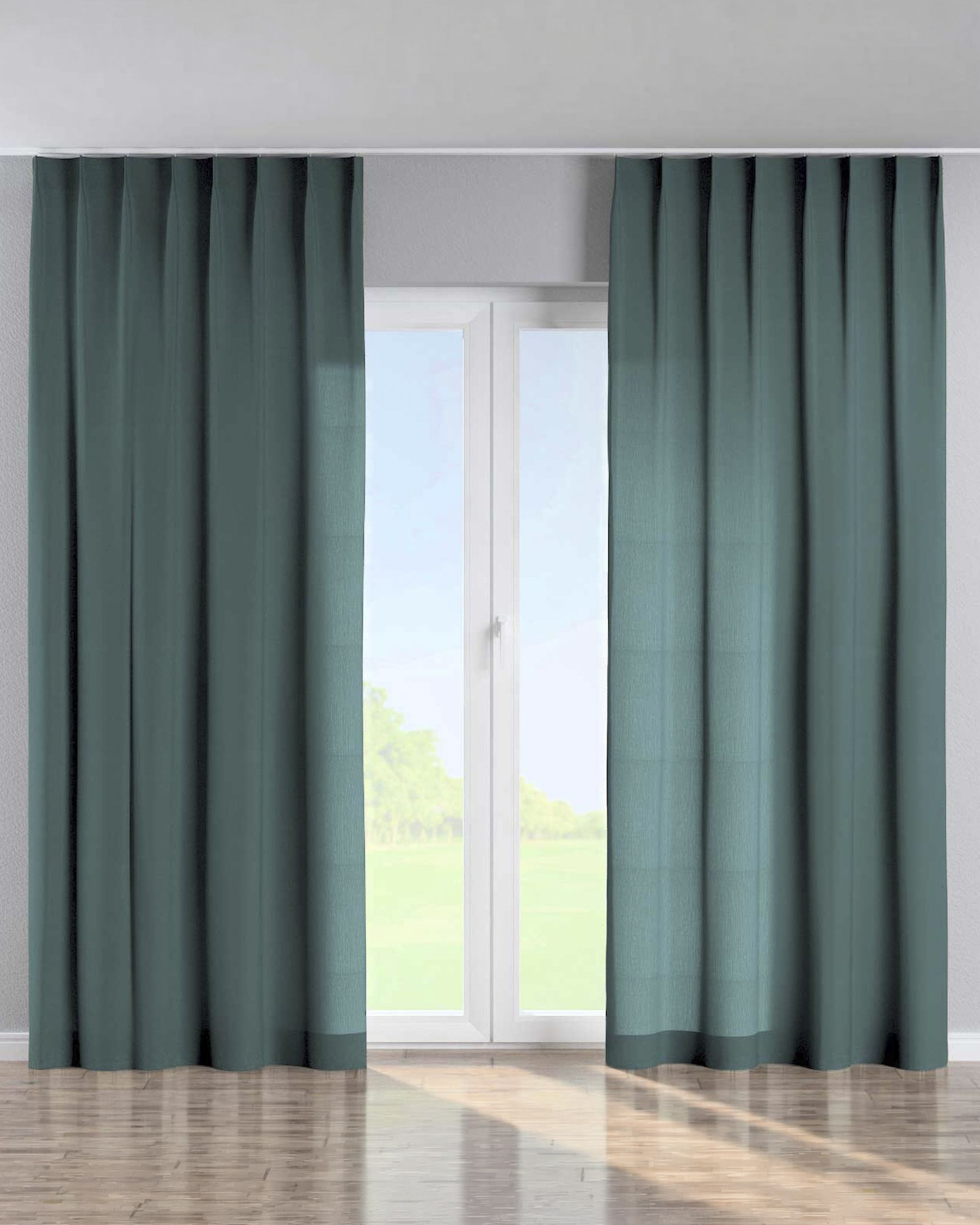 Single pinch pleat curtain product colour green fabric semi-sheer, structured