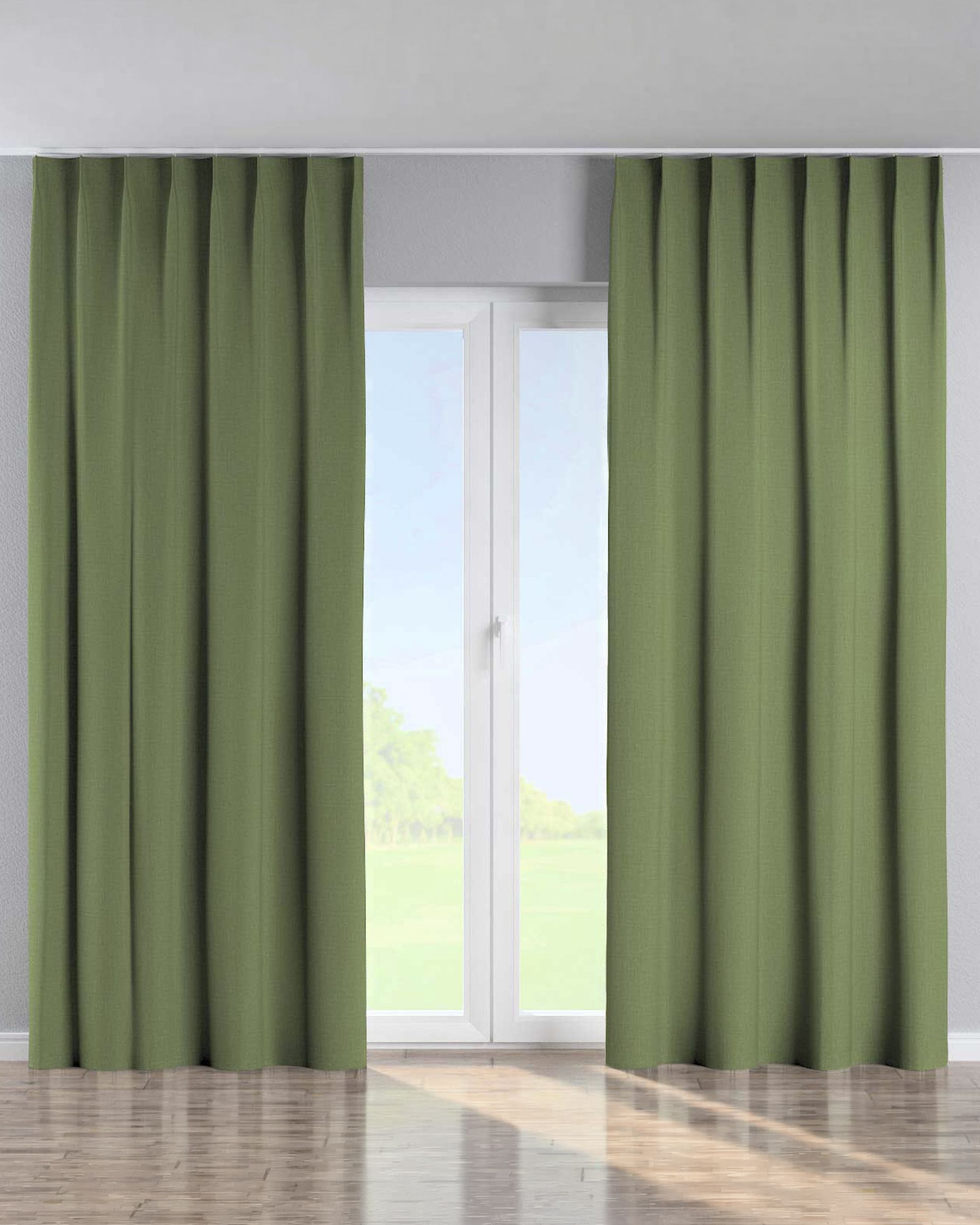 Single pinch pleat curtain product colour green fabric structured, blackout