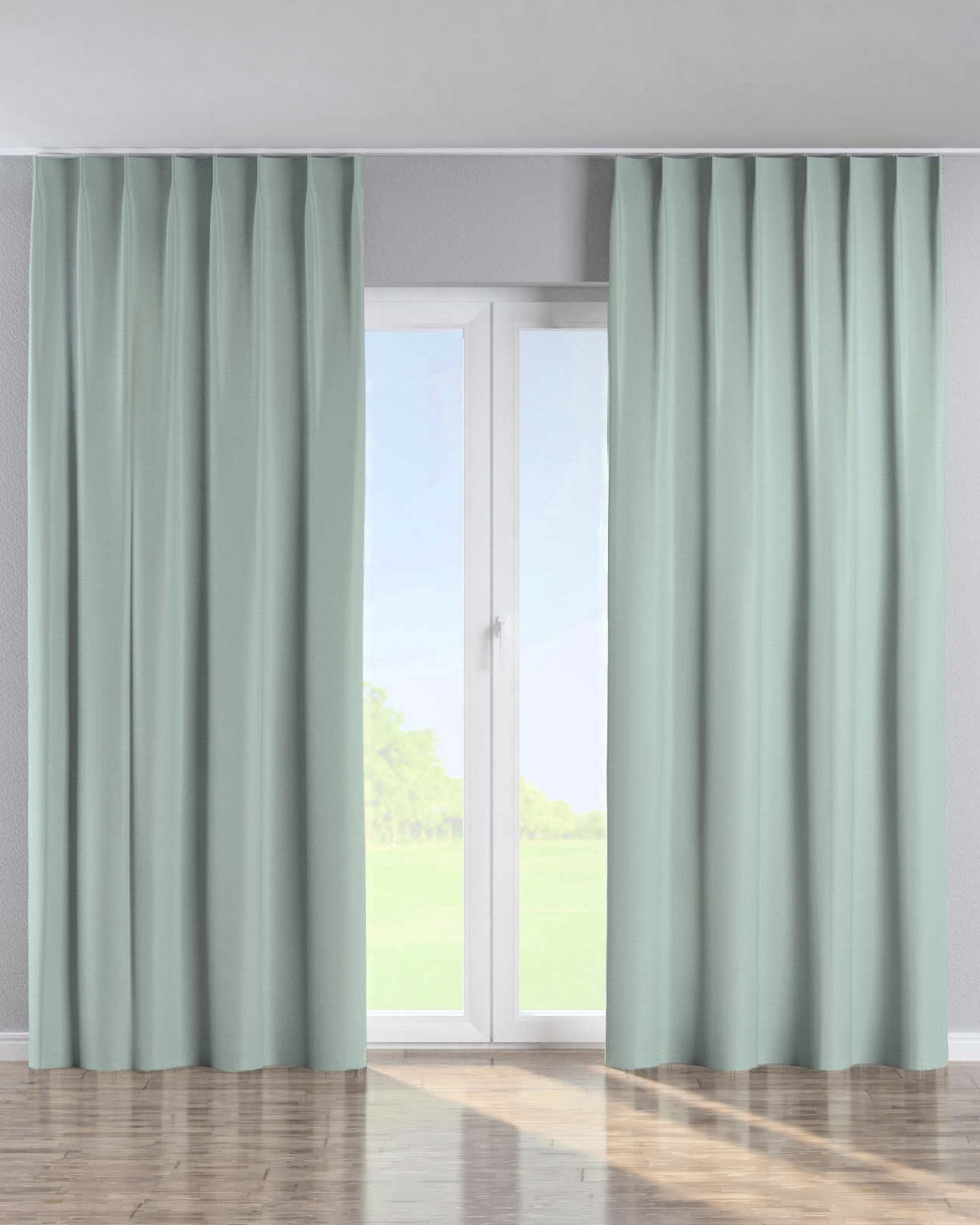 Single pinch pleat curtain product colour green fabric structured, blackout
