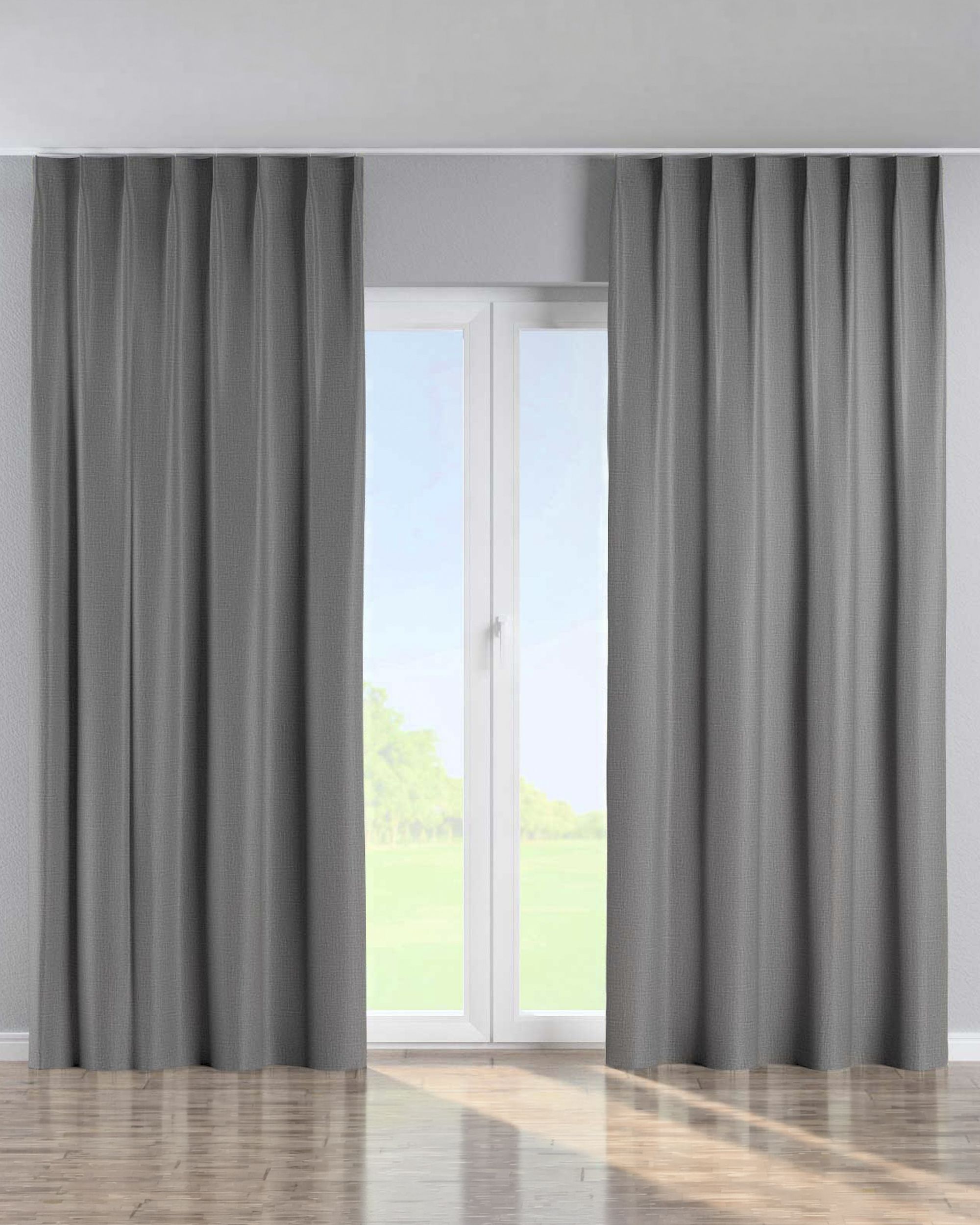 Single pinch pleat curtain product colour grey fabric structured, blackout