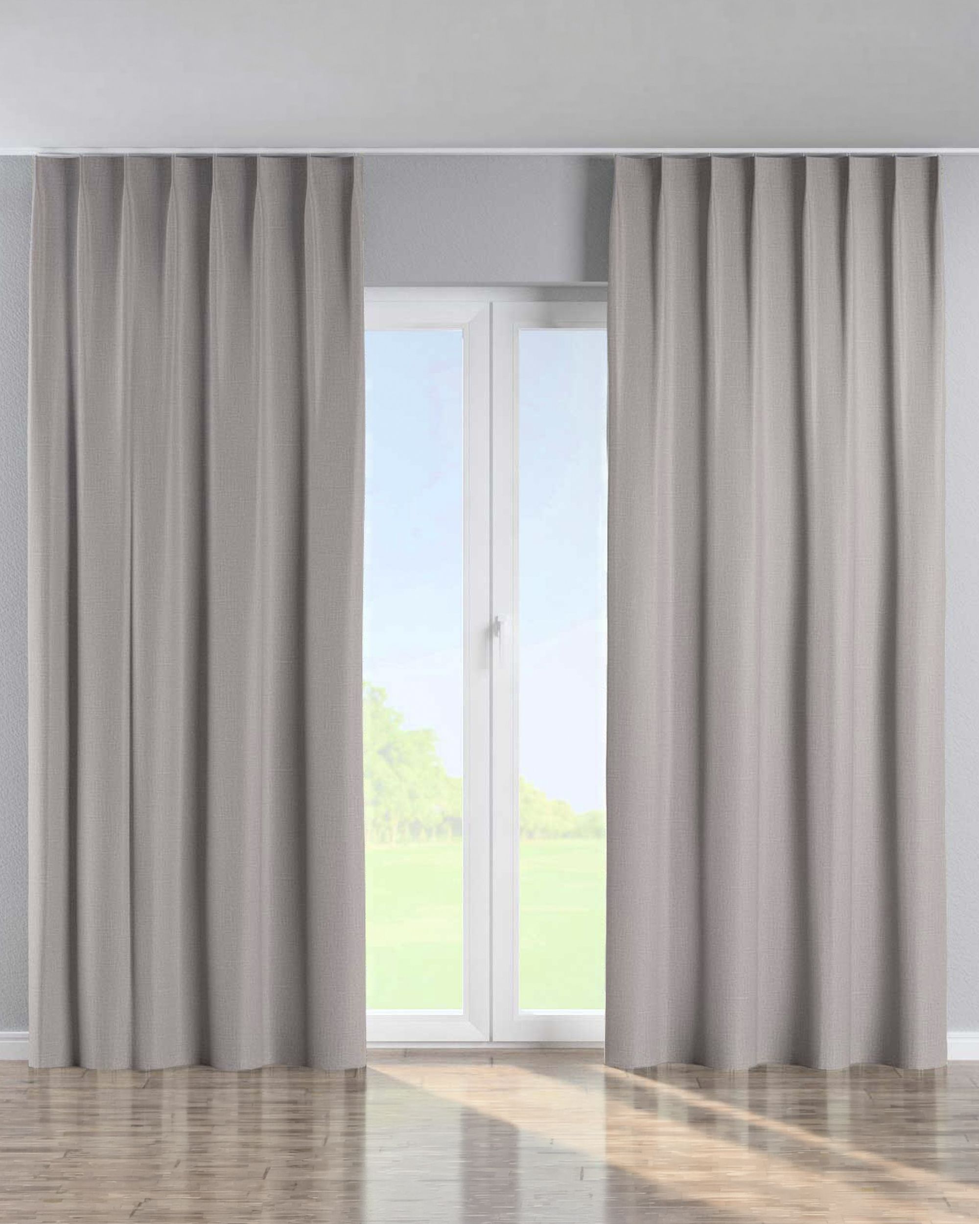 Single pinch pleat curtain product colour grey fabric structured, blackout