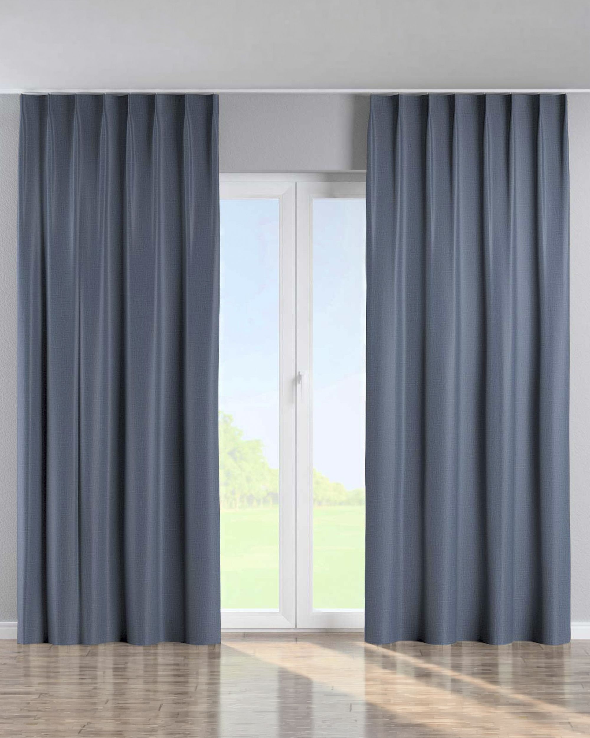 Single pinch pleat curtain product colour blue fabric structured, blackout