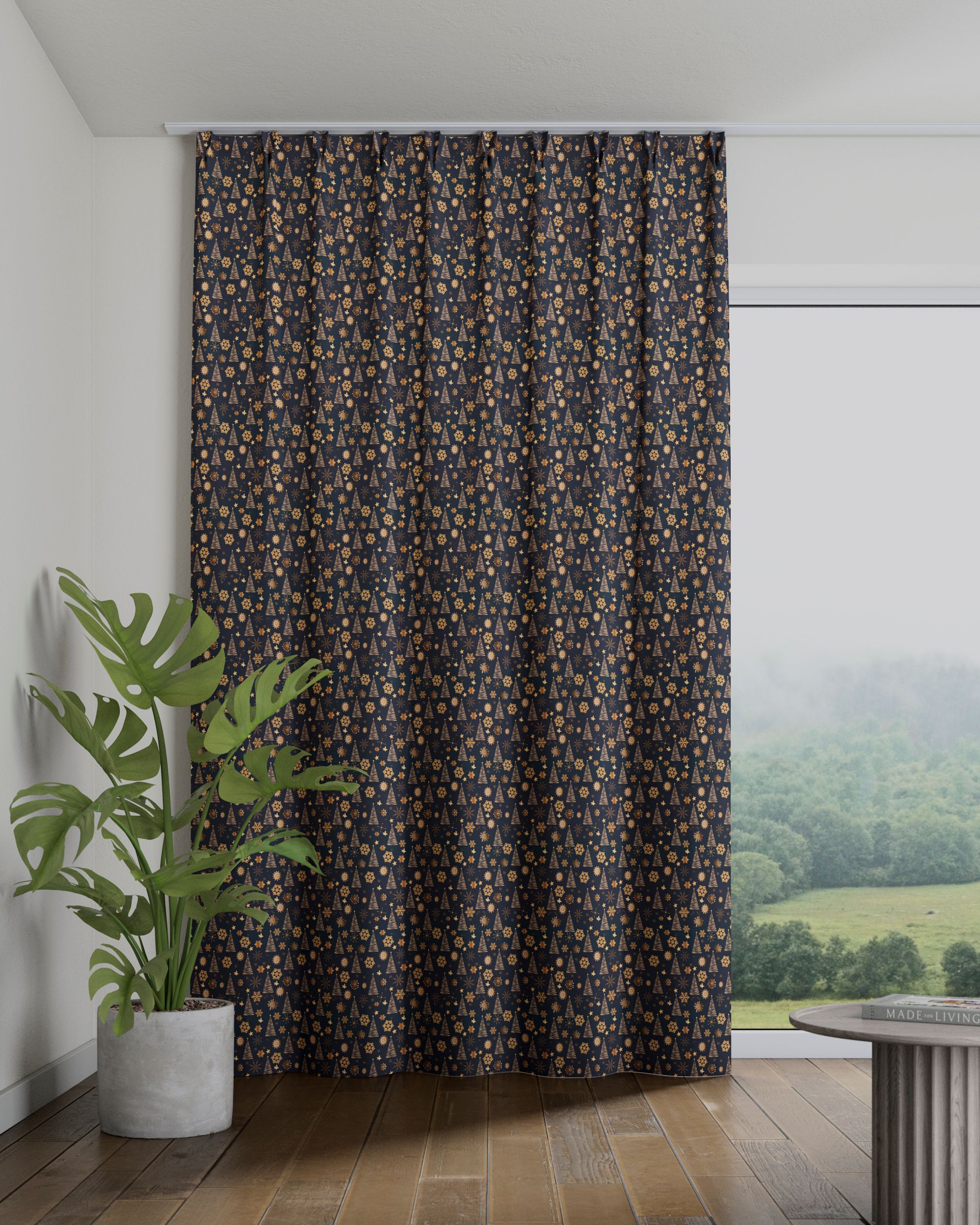 Single pinch pleat curtain product colour navy blue fabric patterned