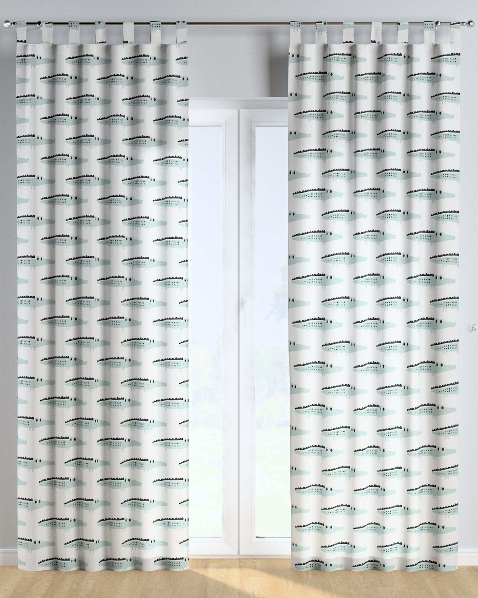 Tab top curtain product colour green fabric patterned (hover)