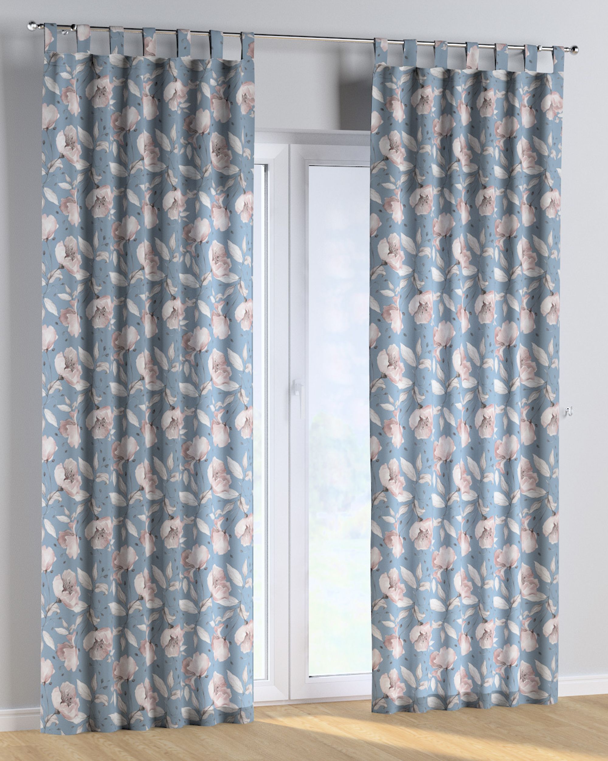 Tab top curtain product colour blue fabric patterned