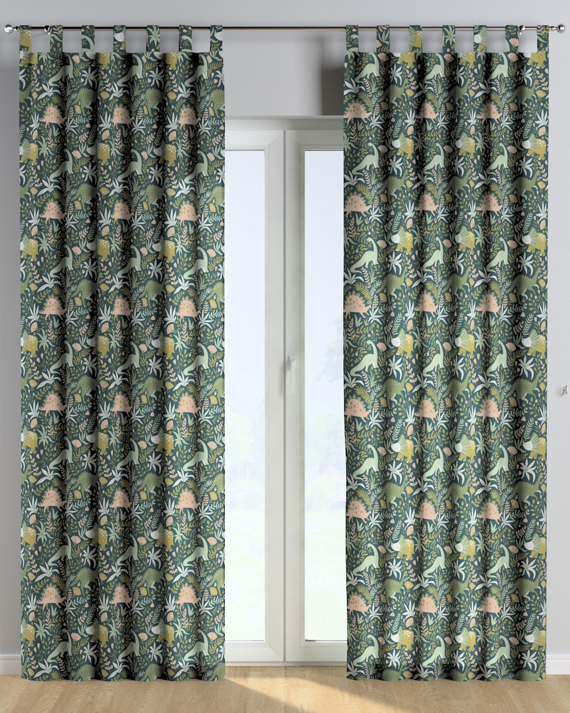 Tab top curtain product colour green fabric patterned (hover)