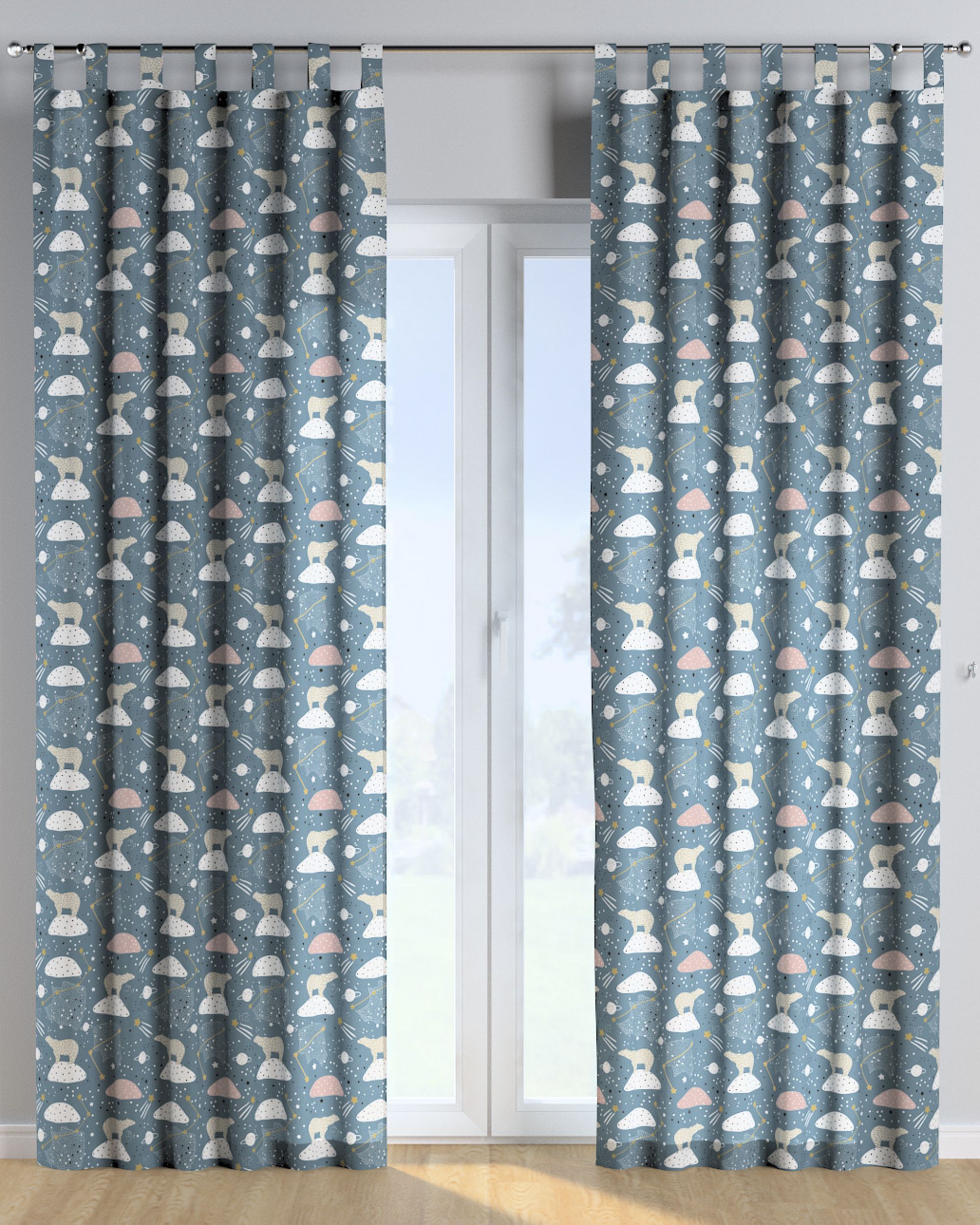 Tab top curtain product colour blue fabric patterned