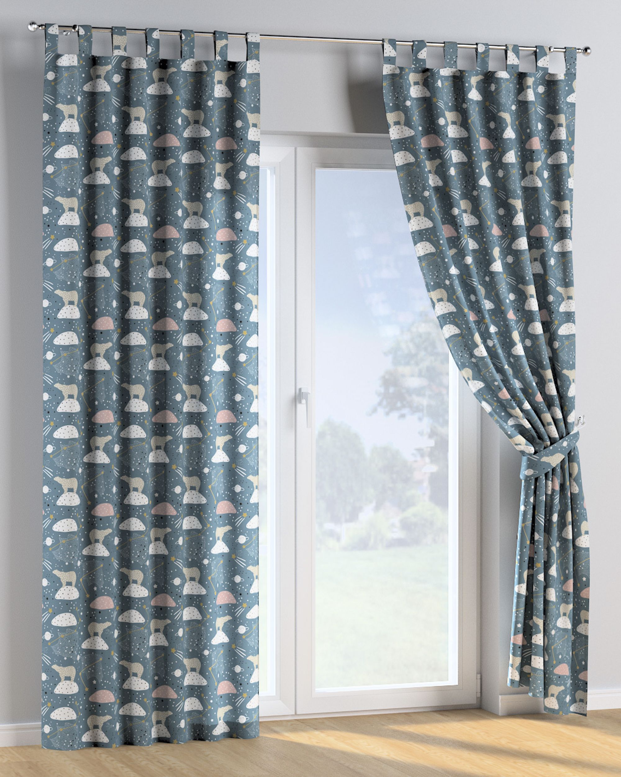 Tab top curtain product colour blue fabric patterned (hover)