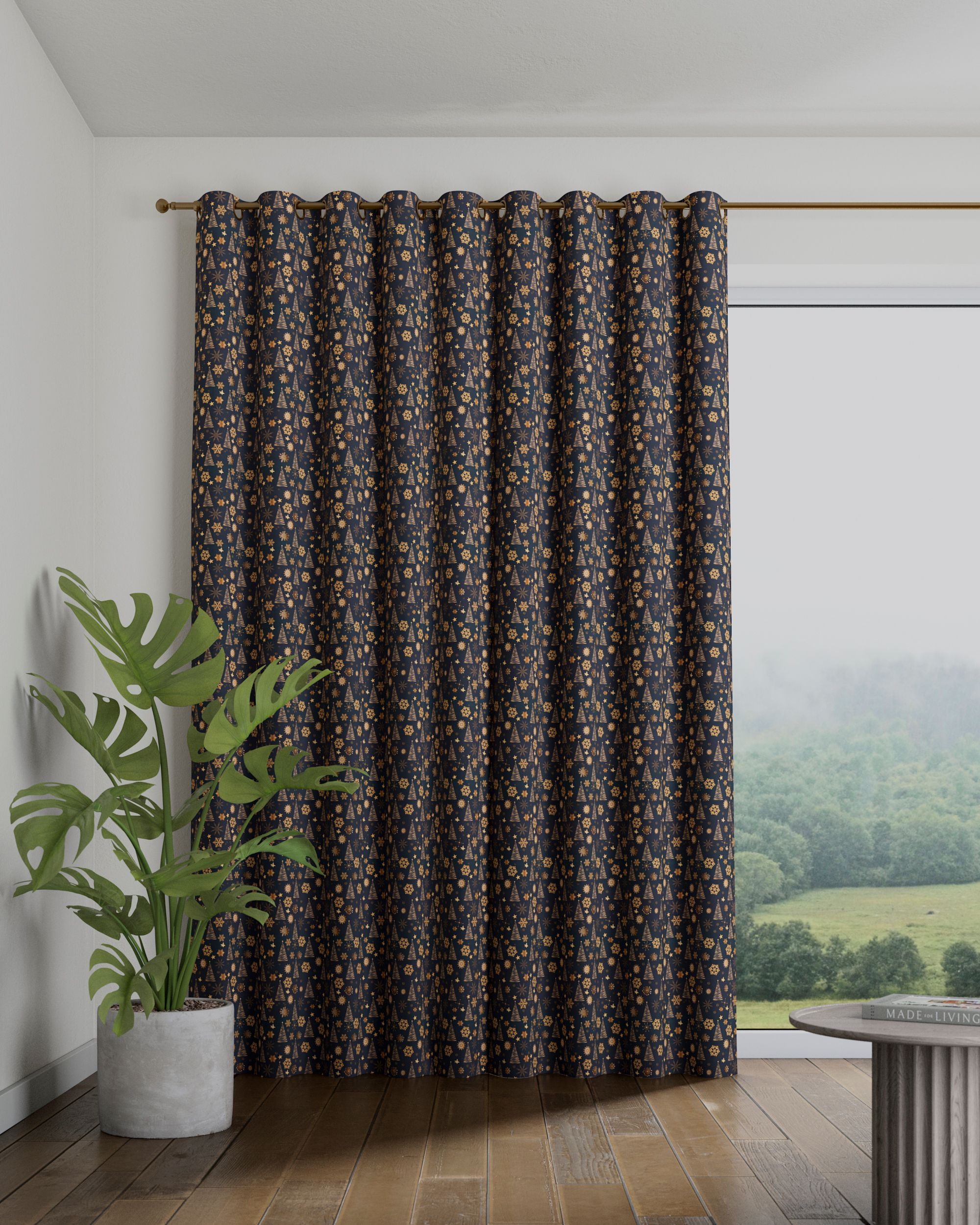 Eyelet curtain product colour navy blue fabric patterned