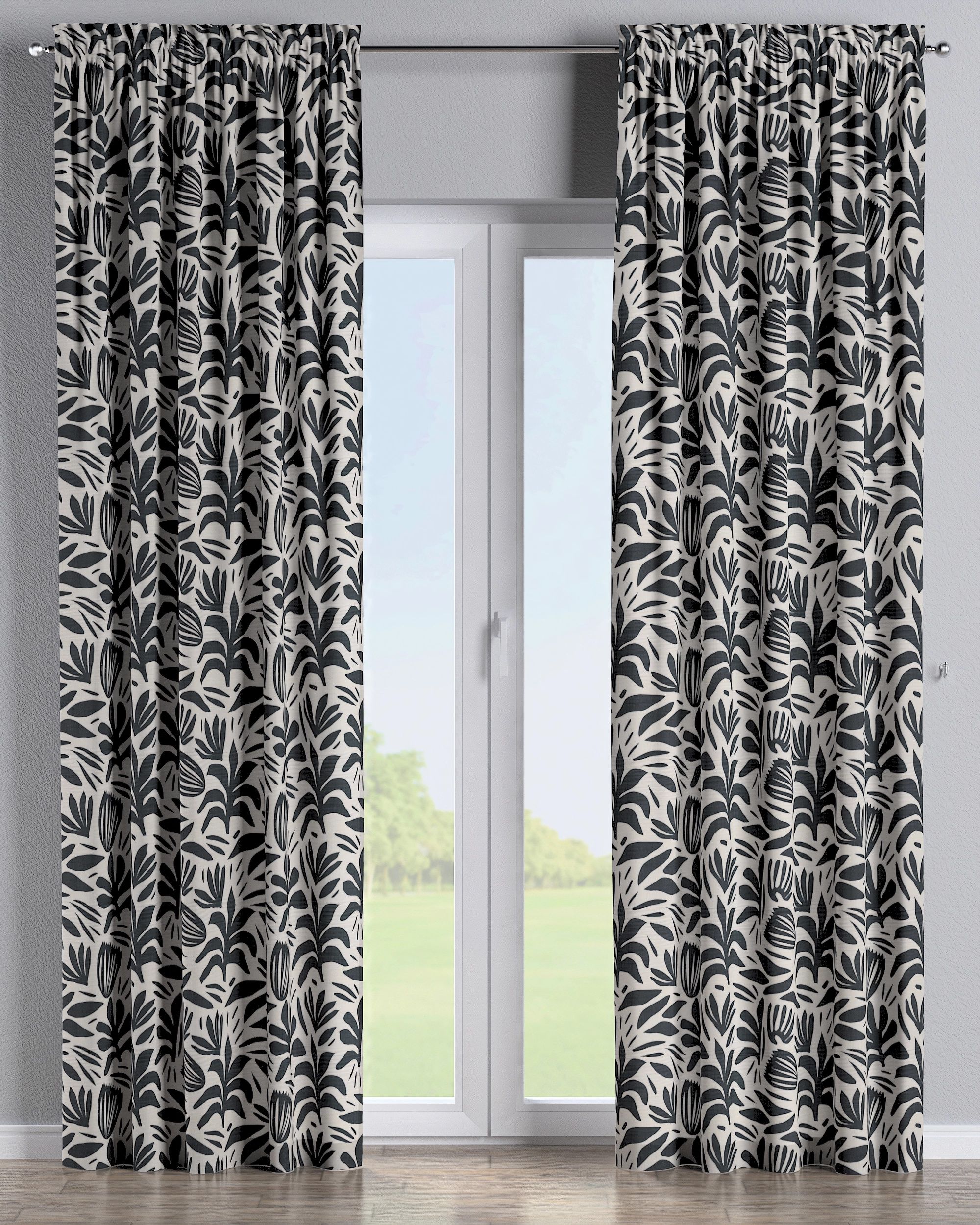 Slot and frill curtain product colour black fabric structured, patterned