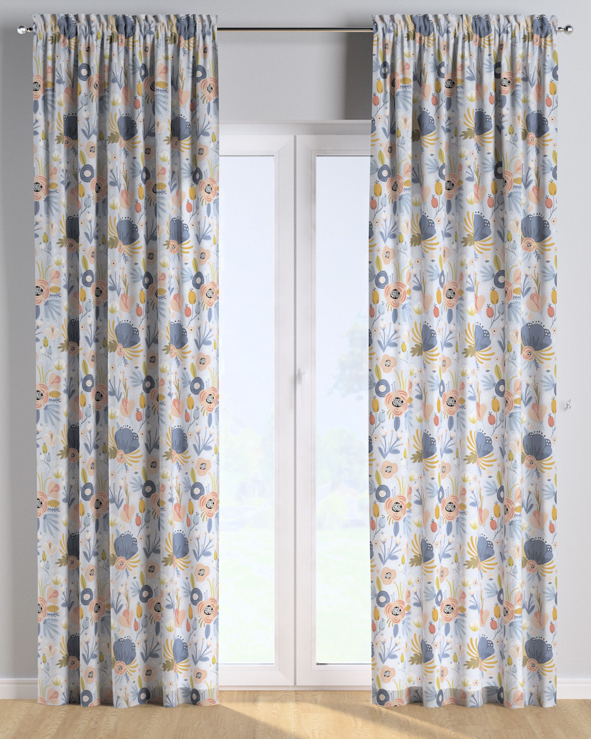 Slot and frill curtain product colour blue fabric patterned (hover)