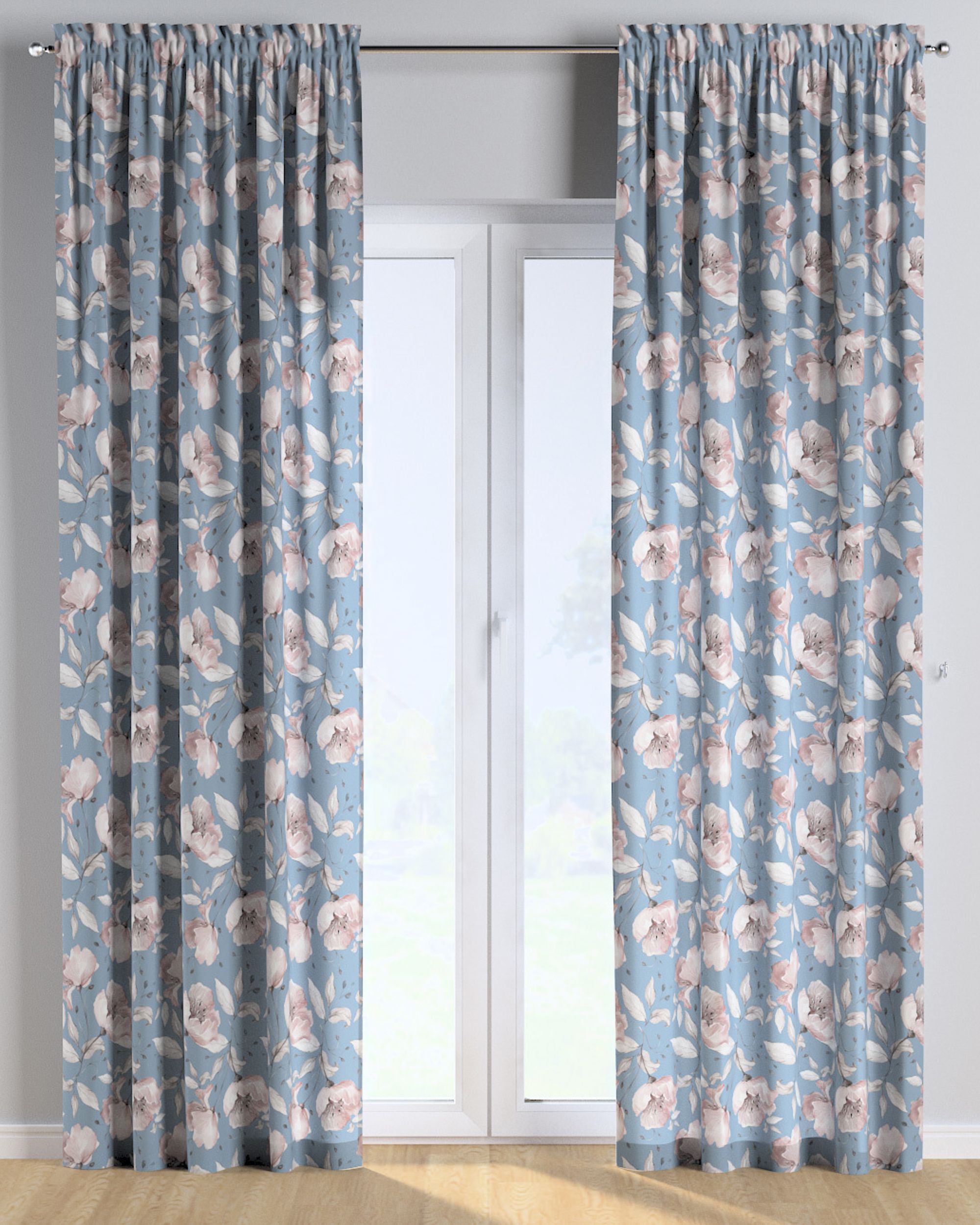 Slot and frill curtain product colour blue fabric patterned (hover)