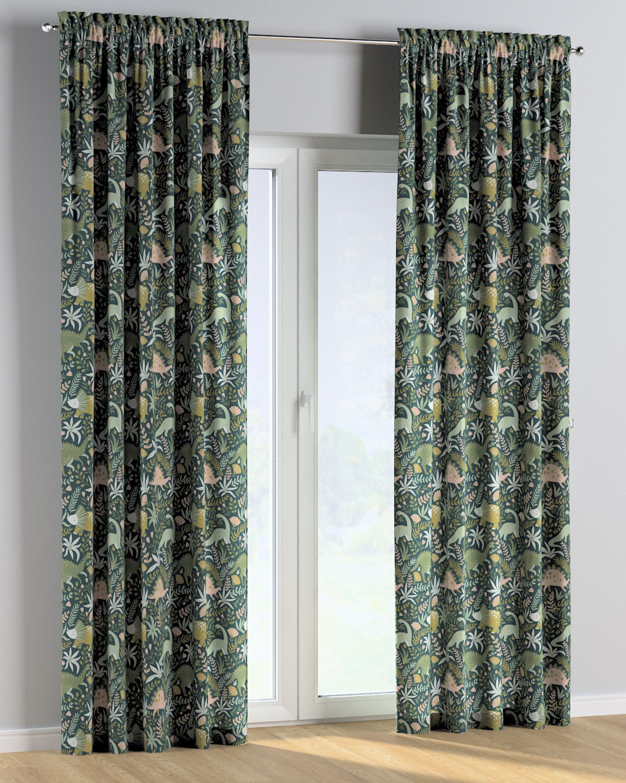 Slot and frill curtain product colour green fabric patterned