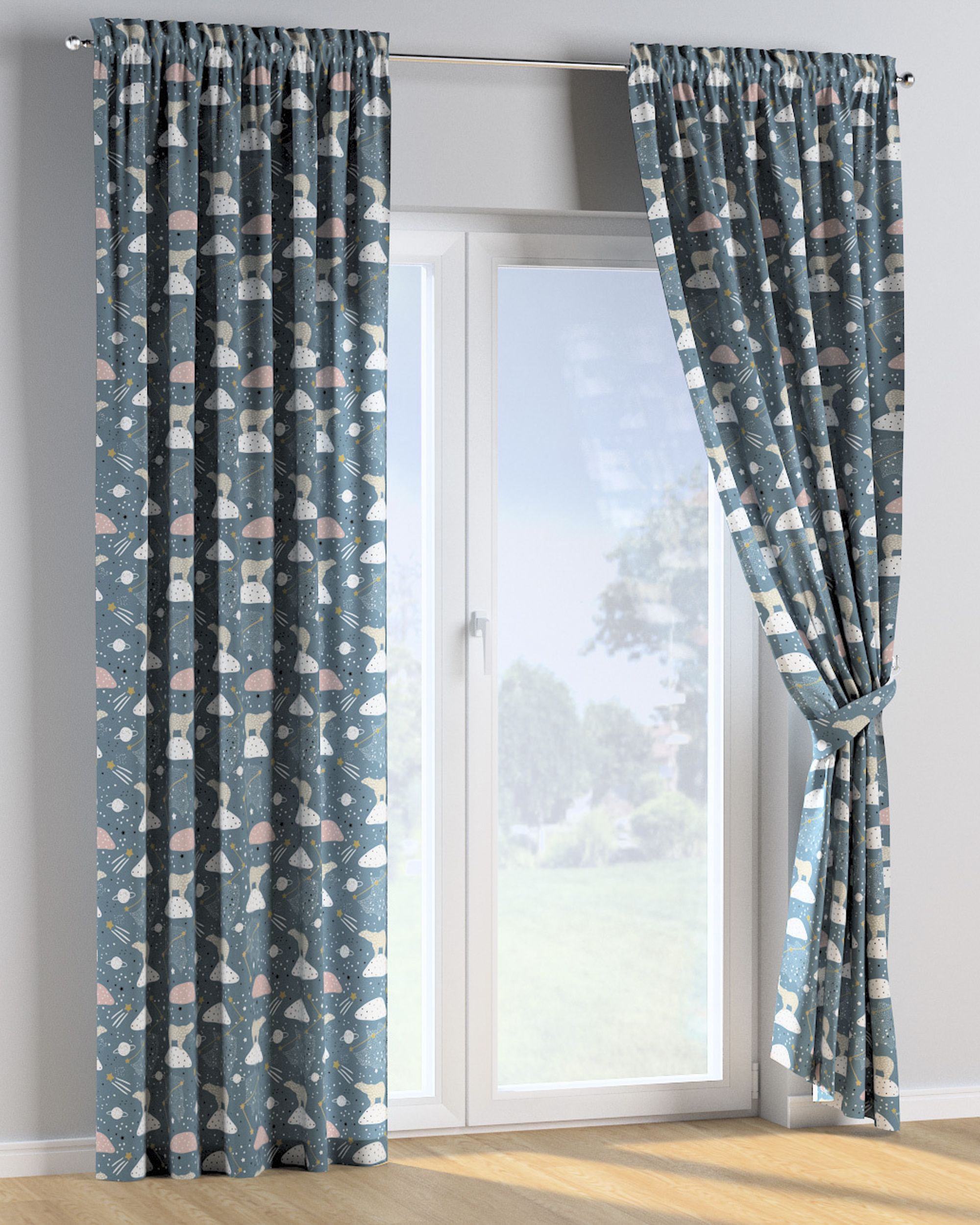 Slot and frill curtain product colour blue fabric patterned (hover)