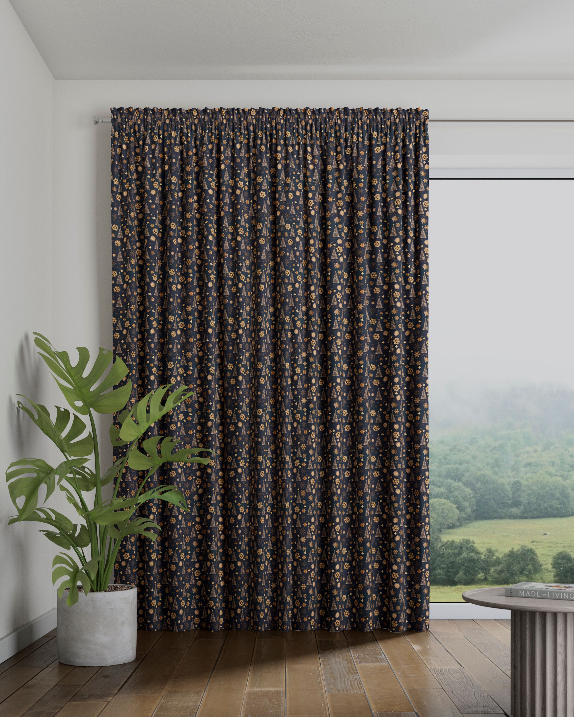 Slot and frill curtain product colour navy blue fabric patterned