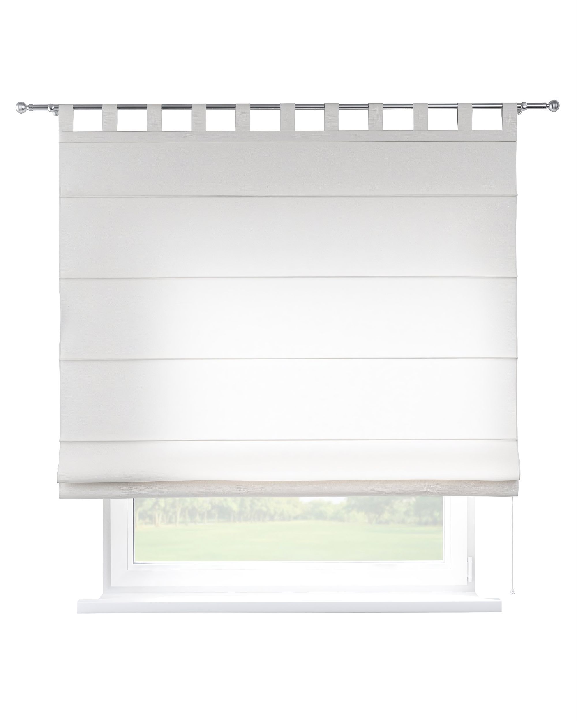 Verona tab top Roman blind product colour white fabric semi-sheer, structured